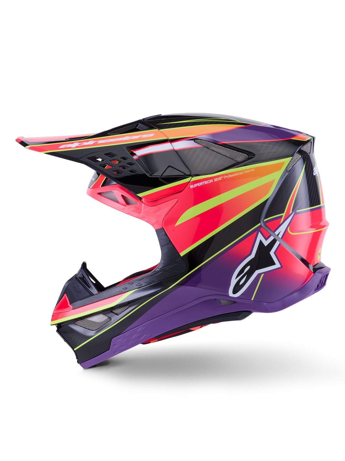 Alpinestars Supertech M10 Era Helm, Motocross-Helm, Pink, Violett und Neongelb Glänzend, Seitenprofil mit markanten geometrischen Grafiken und Carbonfaser-Textur, Alpinestars-Sternlogo, integrierte Belüftungsöffnungen und aerodynamisches Design für den Offroad-Rennsport