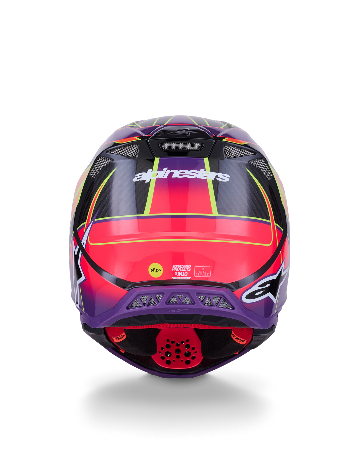 Alpinestars Supertech M10 Era Helm ECE 22.06, Rückansicht, Pink, Violett und Gelb Fluo Glänzend, Motocross-Helm mit Carbon-Konstruktion und MIPS-Schutztechnologie