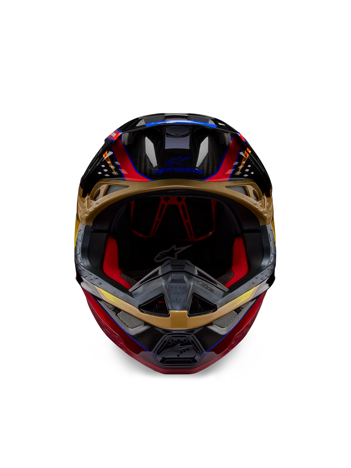 Alpinestars Supertech M10 Era Helmet, Motocross Helmet, Gold Yellow and Rio Red Glossy, front view showing carbon fiber shell details and red interior padding, aerodynamic design for off-road racing