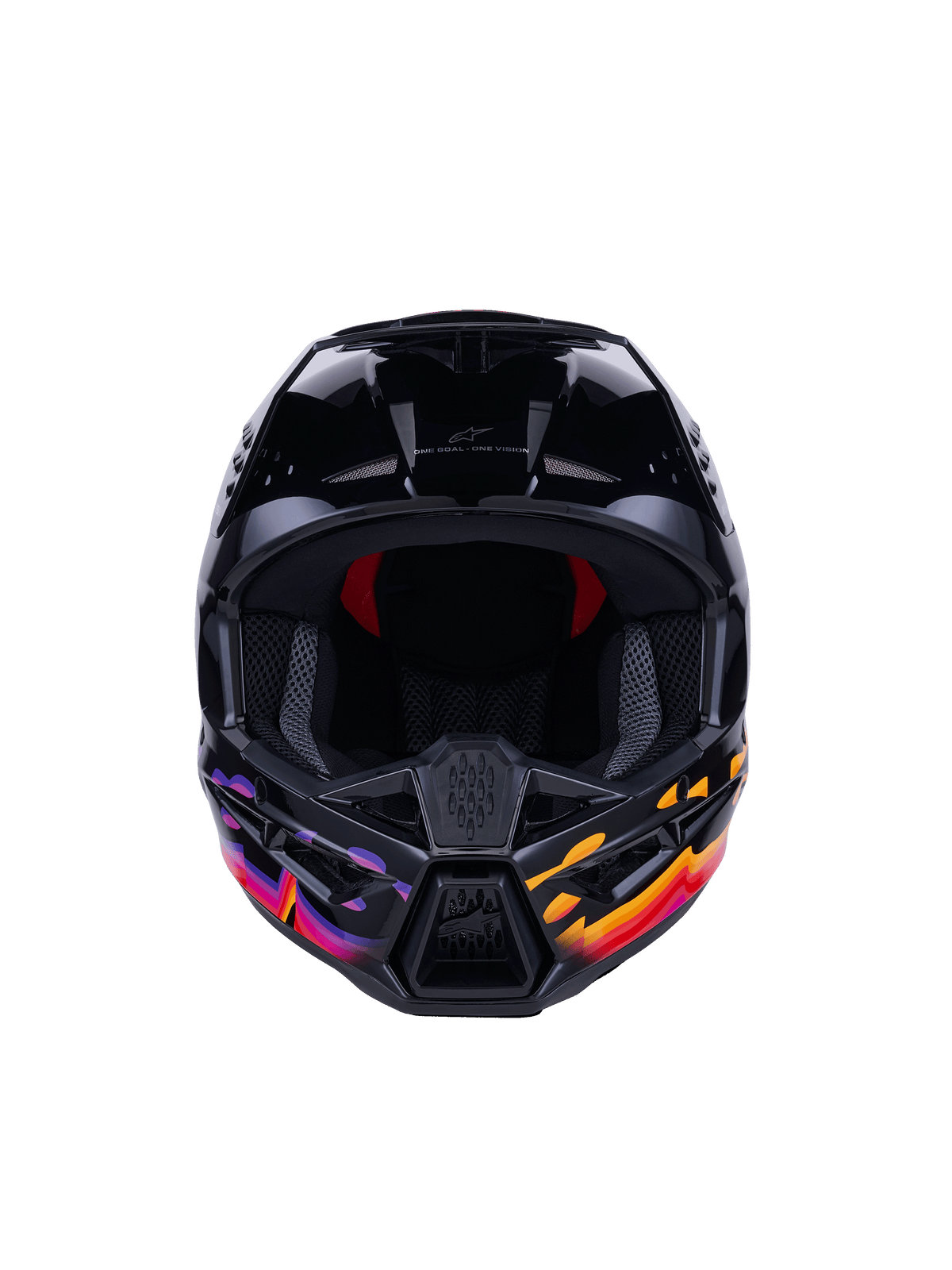 Alpinestars S-M3 Force OCD Helm, Motocross-Helm, Schwarz glänzend mit leuchtend violetten, orangen und roten Grafiken, Frontansicht mit breiter Sichtöffnung und belüftetem Kinnschutz, mit 'One Goal - One Vision' Branding, professionelle Offroad-Rennausrüstung