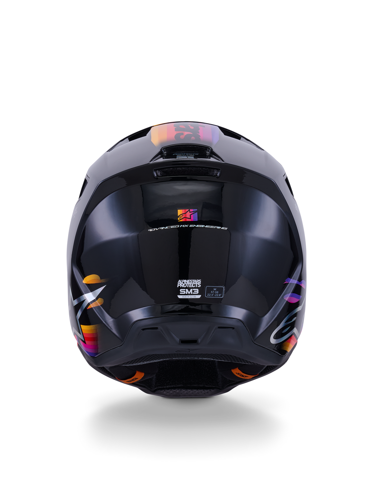 Alpinestars S-M3 Force OCD Helm, Schwarz glänzender Motocross-Helm, Rückansicht, mit leuchtenden Grafiken in Orange, Pink und Lila, ECE 22.06 Zertifizierungszeichen, aerodynamisches thermo-injiziertes Schalendesign
