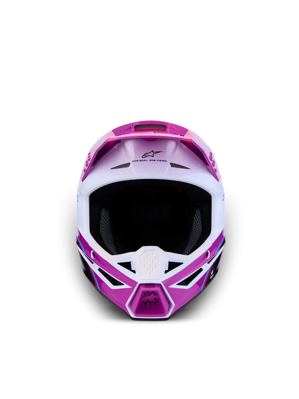 Alpinestars SM3 Youth Falcon Helmet ECE06, Youth Motocross Helmet in Purple and White, featuring a lightweight shell and advanced ventilation for off-road performance, Front View.