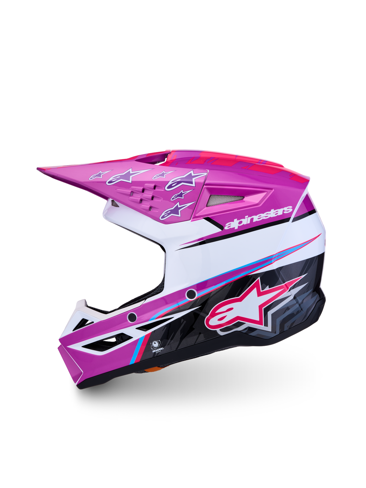 Alpinestars S-M3 Youth Falcon ECE 22.06, purple and white youth motocross helmet with pink fluo accents and lightweight shell.
