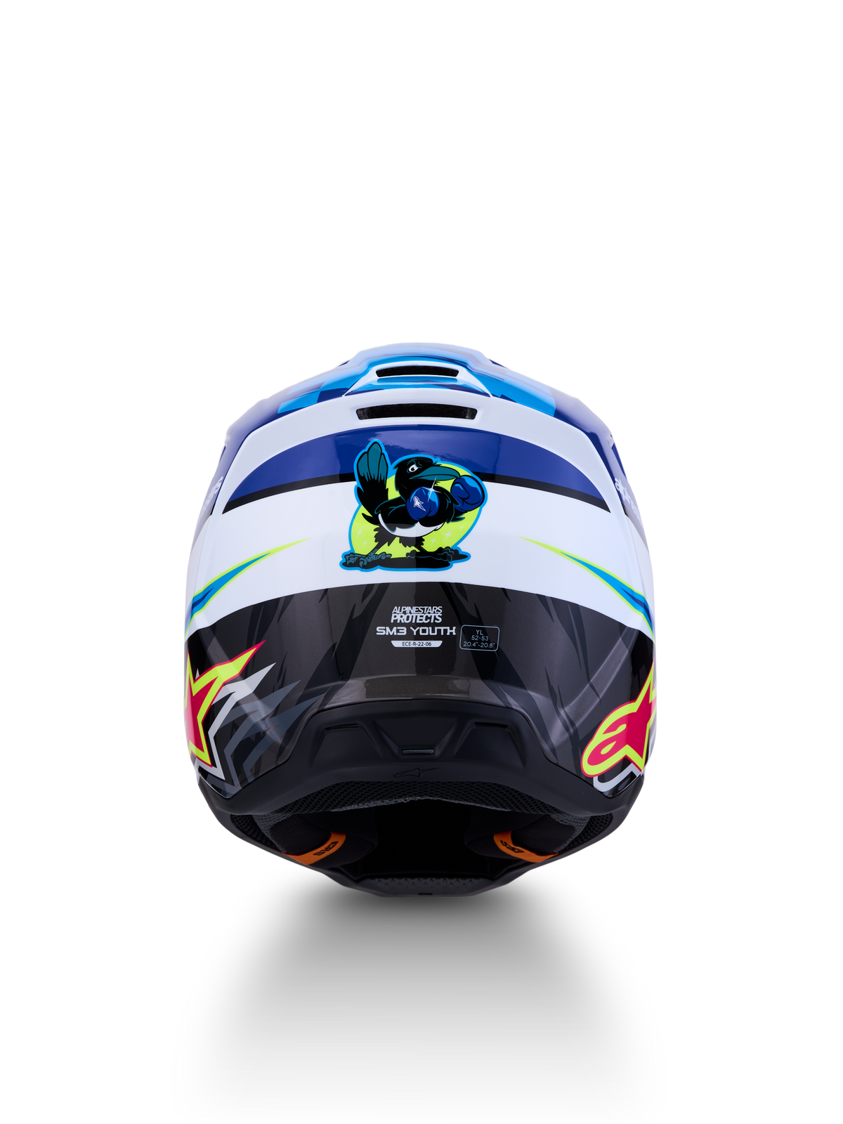 Alpinestars SM3 Youth Falcon Helmet, blue and white motocross gear, rear view with glossy graphics, ECE certified.