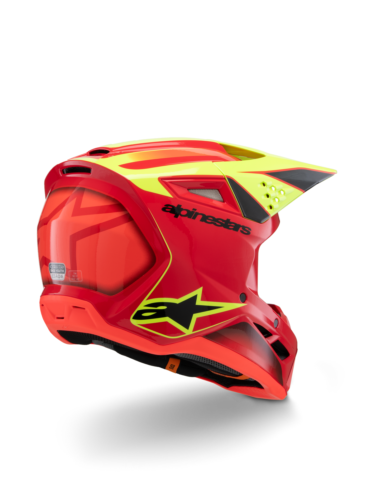 Alpinestars S-M3 Jugend-Fray Helm, Rot und Gelb Fluo Glänzend, Dreiviertel-Rückansicht, mit markanten schwarzen Logos und aerodynamischen Belüftungsöffnungen, gut sichtbarer Jugend-Motocross-Helm