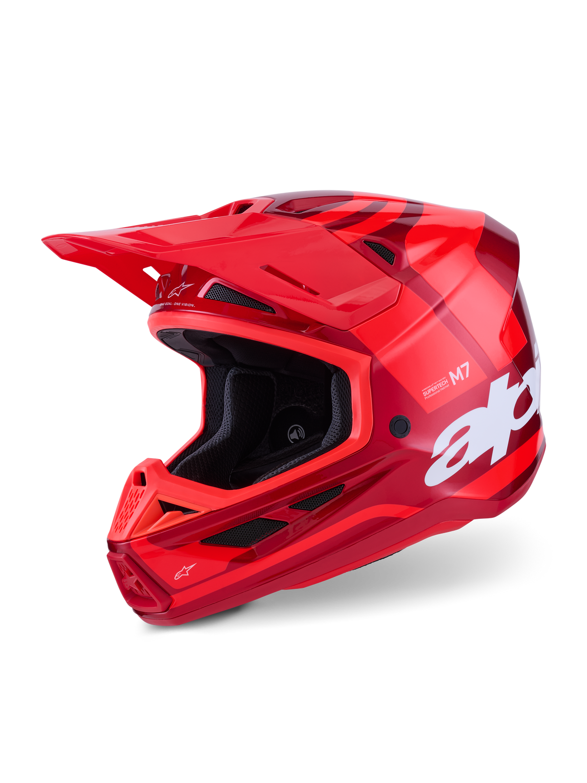 Alpinestars S-M7 Core Helmet, Motocross Helmet, Glossy Red, multi-tone red graphics with large white branding, aerodynamic composite shell with multiple ventilation ports and adjustable visor, professional off-road racing gear