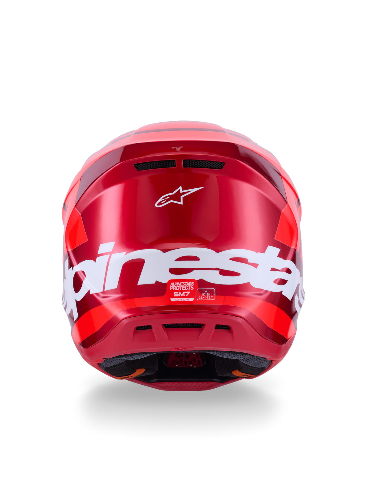 Alpinestars S-M7 Core Helmet, Red Glossy, Rear view with large white Alpinestars branding, aerodynamic shell with integrated ventilation ports, professional motocross head protection