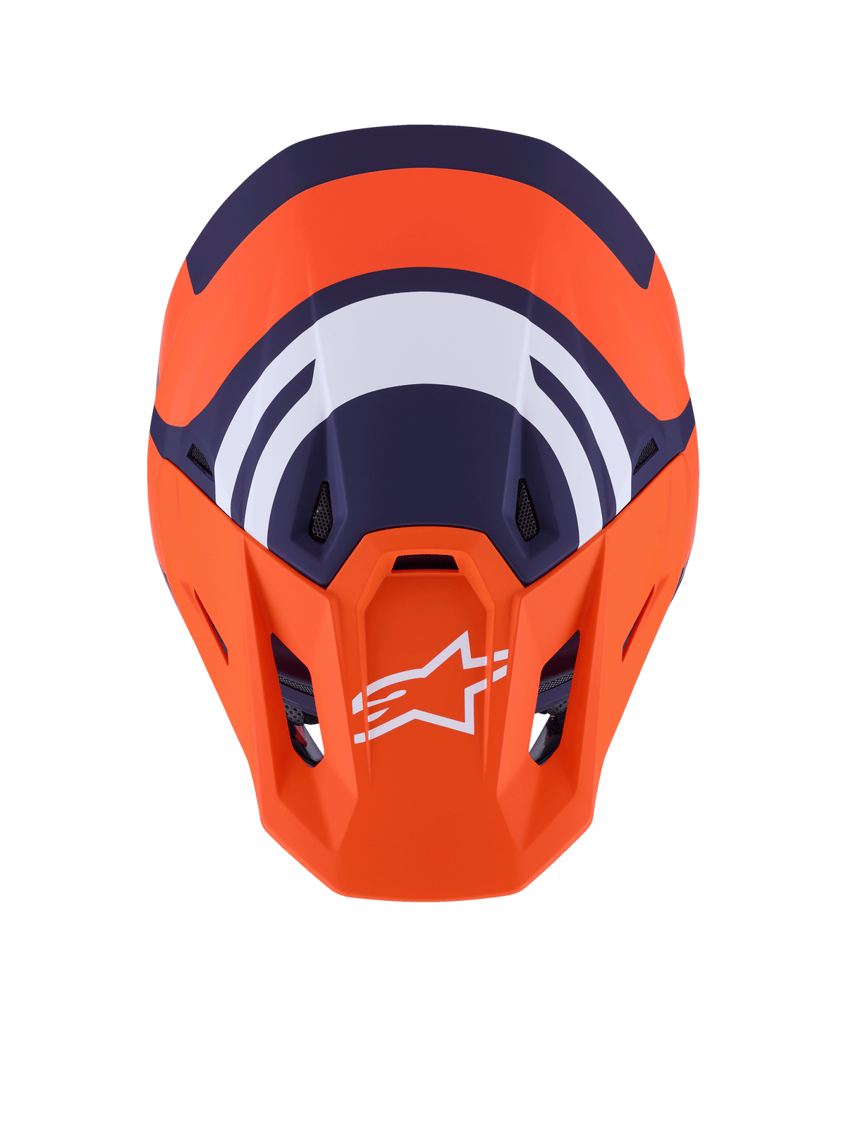 Alpinestars S-M7 Core Helmet ECE 22.06, Motocross Helmet, Orange and Blue Matt, top-down view showing navy blue and white geometric graphics, white Alpinestars logo on orange visor, aerodynamic shell design for off-road racing