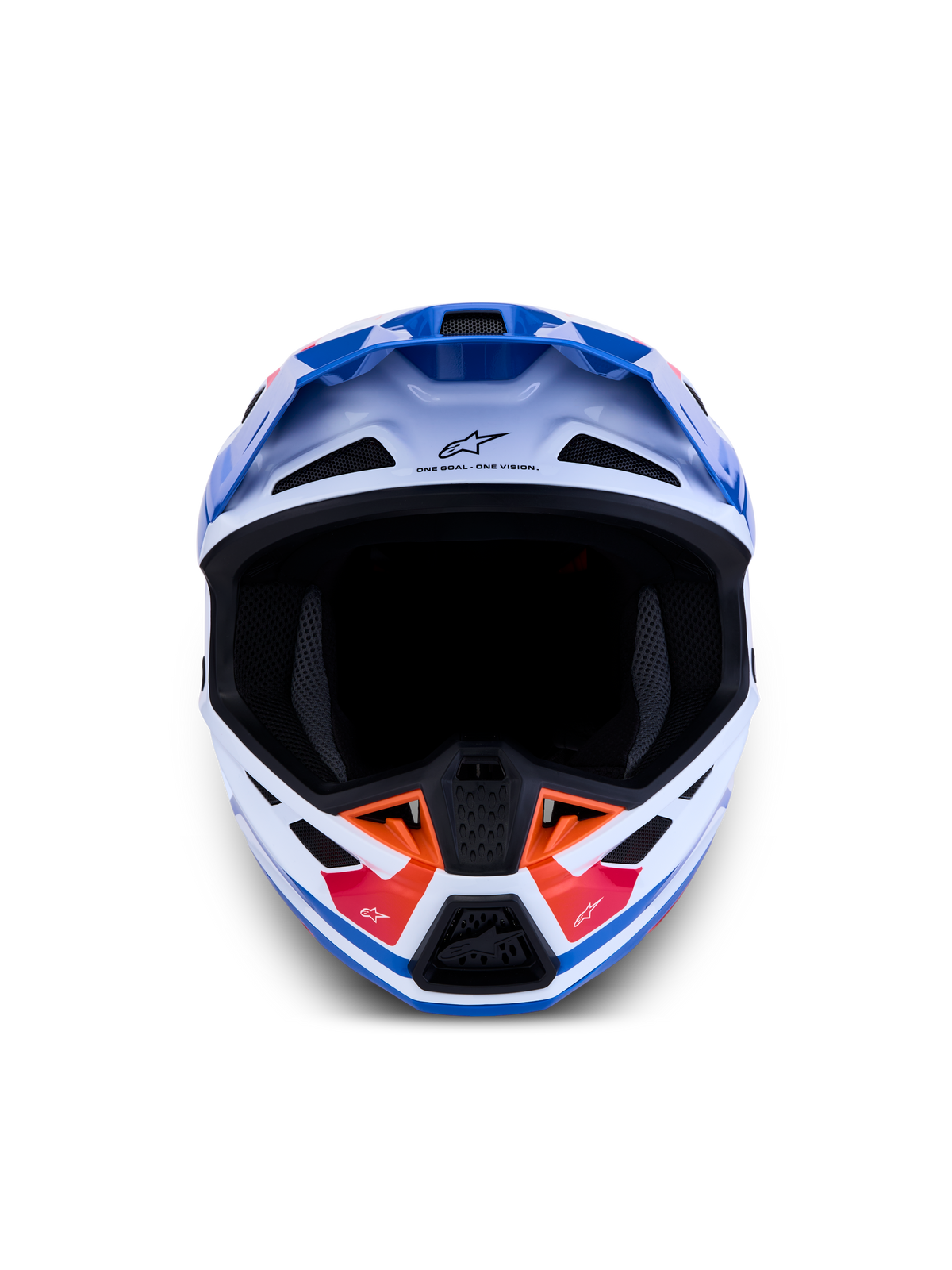 Alpinestars S-M7 Core Helm ECE06, Motocross-Helm in Weiß und Blau, Akzente in Orange, Belüftungsöffnungen, Frontansicht.