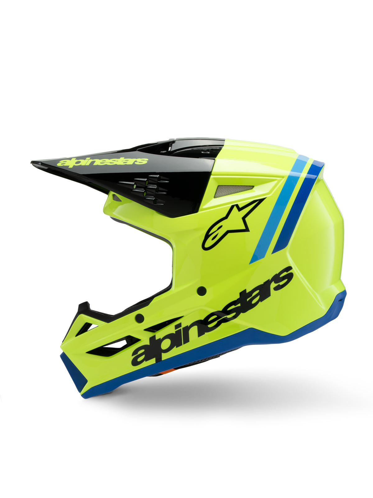 Alpinestars S-M3 Jugend Radium Helm, Motocross-Helm, leuchtendes fluoreszierendes Gelb mit blauen und schwarzen Akzenten, markantes Alpinestars-Branding, schlankes aerodynamisches Profil für den Jugend-Offroad-Rennsport