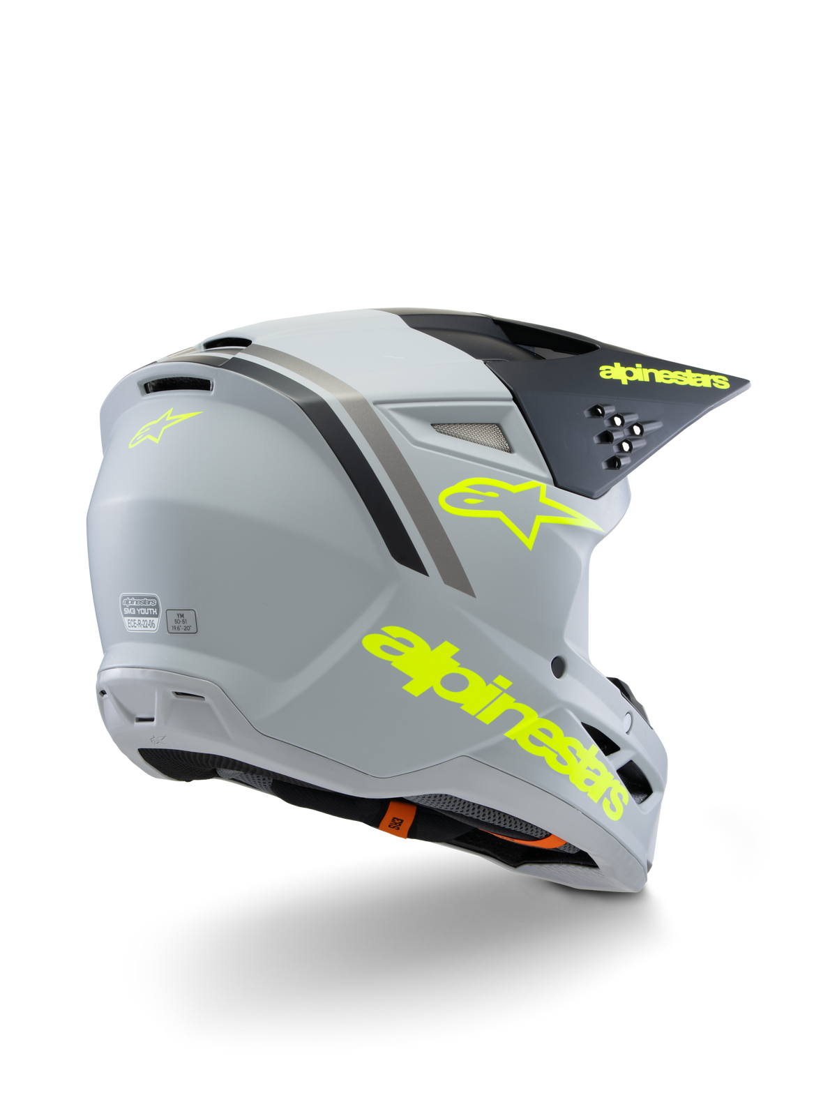 Alpinestars S-M3 Jugend Radium Helm ECE 22.06, Motocross-Helm, Grau, Schwarz und Neongelb Matt, Dreiviertel-Rückansicht mit markantem gelbem Branding und Stern-Logo, aerodynamische Schale mit Belüftung für den Offroad-Einsatz