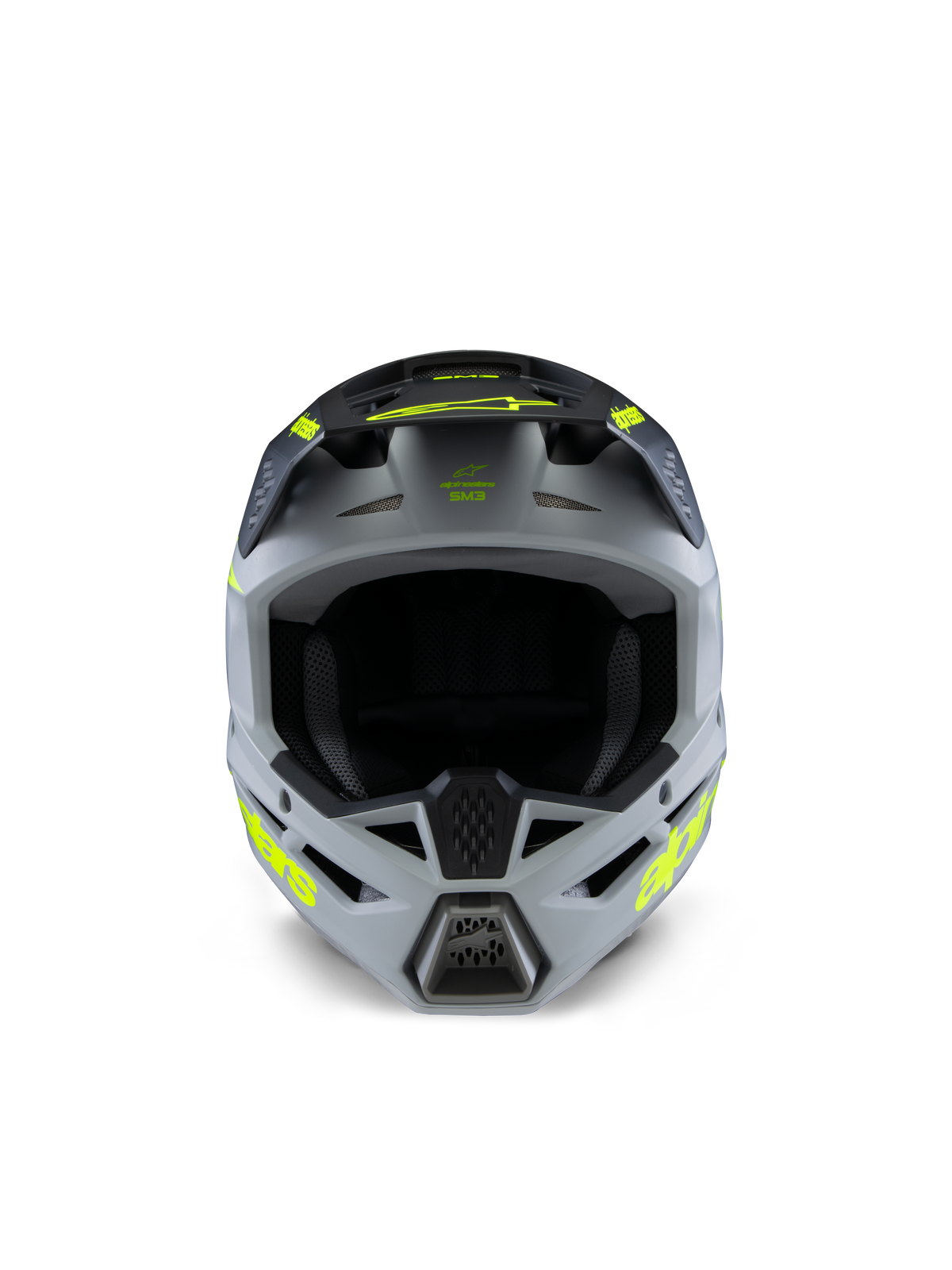 Alpinestars S-M3 Jugend Radium Helm, Motocross-Helm, Grau, Schwarz und Gelb Fluo Matt, Vorderansicht mit aggressiver, kantiger Schale, leuchtend gelbe Logos an den Seiten und am Helmschirrm, mattes Finish, konzipiert für den Jugend-Offroad- und MX-Rennsport