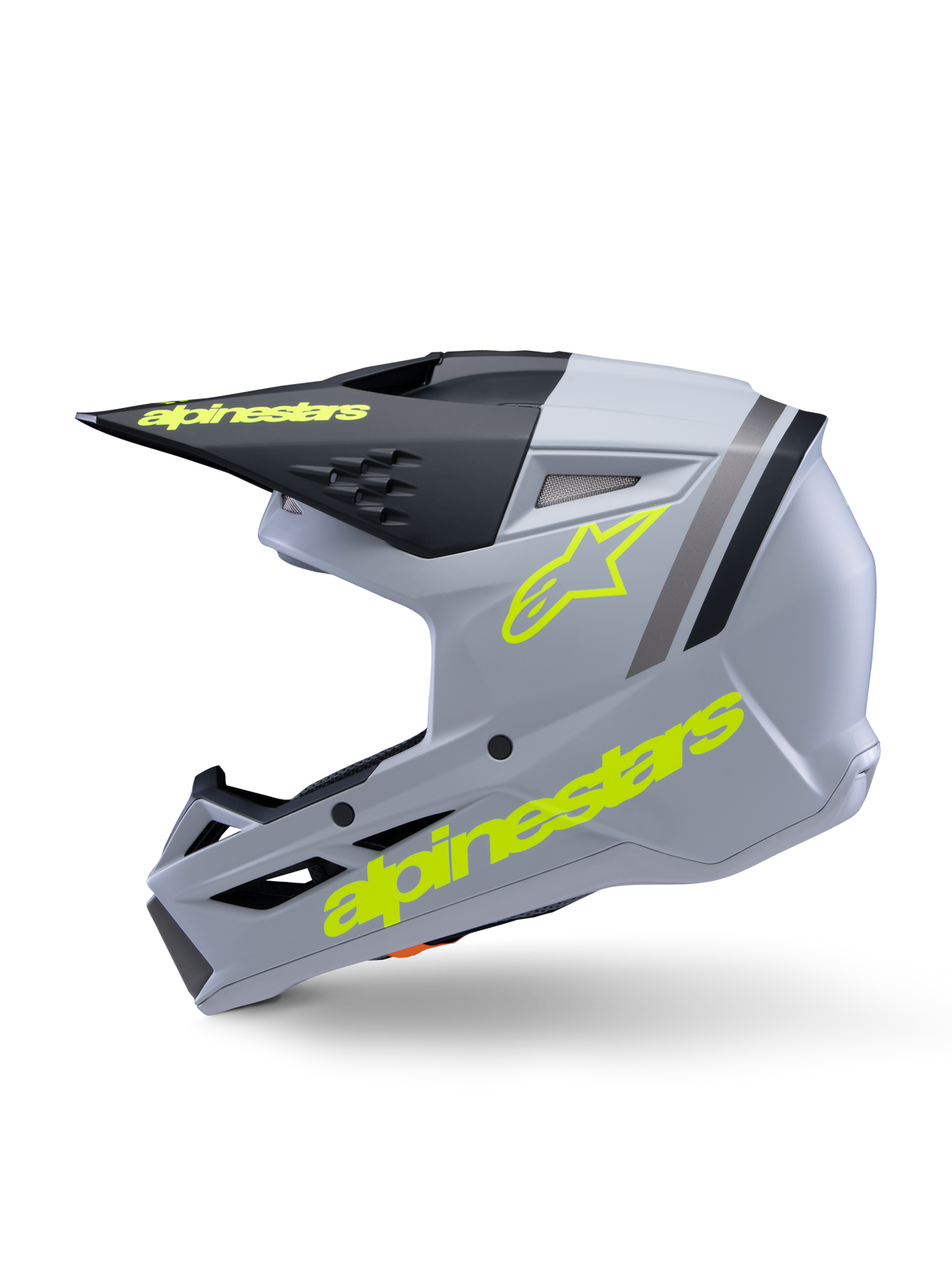 Alpinestars S-M3 Youth Radium Helm ECE 22.06, Motocross-Helm, Grau, Schwarz und Neongelb Matt, Seitenansicht mit neongelben Alpinestars-Logos und schwarzem Visier, stromlinienförmige Schutzausrüstung für junge Fahrer