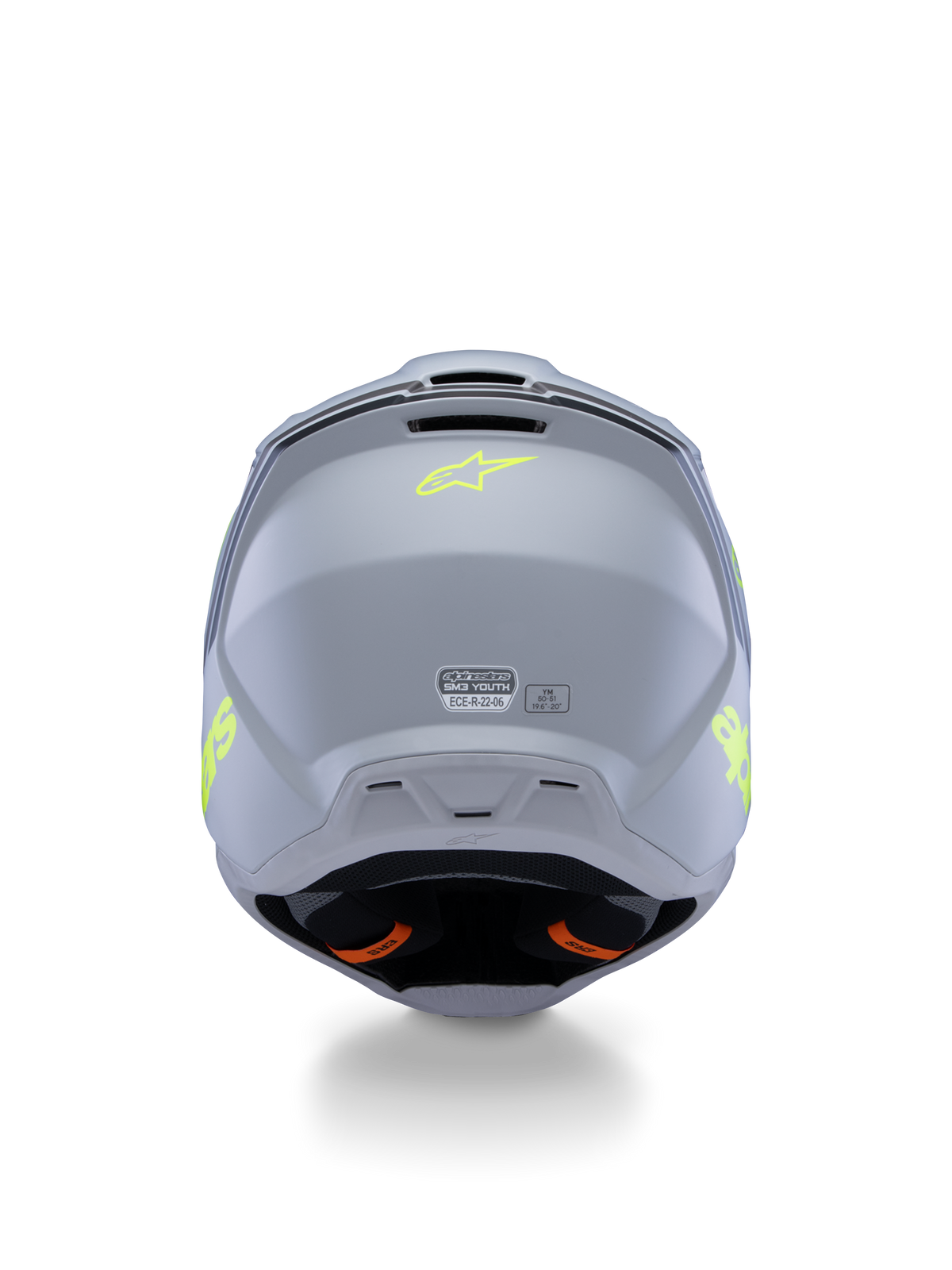 Alpinestars S-M3 Jugend Radium Helm ECE 22.06, Grau, Schwarz und Neongelb Matt, Rückansicht mit Belüftungsöffnungen und Zertifizierungsetiketten, fluoreszierendes gelbes Stern-Logo, aerodynamisches Schalendesign für Motocross- und Offroad-Rennsport