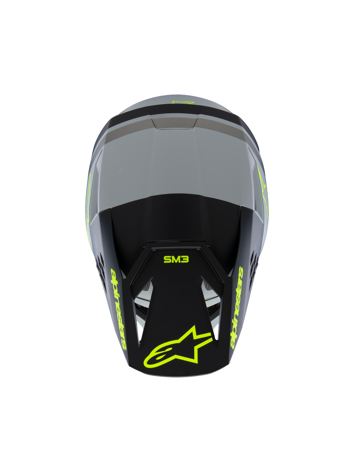 Alpinestars S-M3 Jugend Radium Helm ECE 22.06, Motocross-Helm, Mattgrau und Schwarz mit fluoreszierend gelben Akzenten, Draufsicht zeigt Alpinestars- und SM3-Branding, spezialisierter Offroad-Kopfschutz für Jugendliche