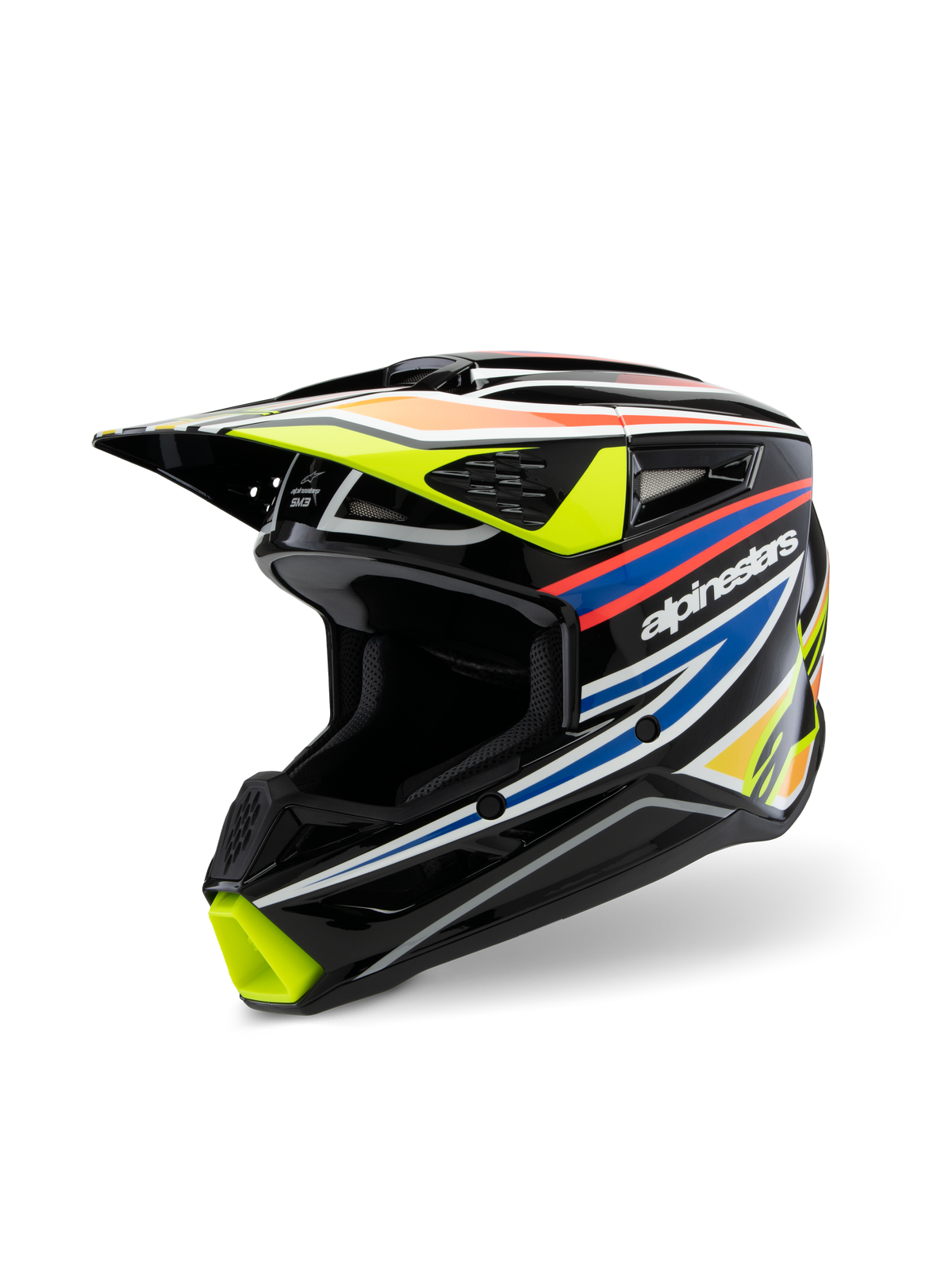 Alpinestars S-M3 Youth Wurx Helm ECE 22.06, Motocross-Helm, Glänzendes Schwarz mit neongelben, blauen und rot-orangen Renngrafiken, Dreiviertelansicht der aerodynamischen Schale mit mehreren Lufteinlässen und Auslassöffnungen, schützende Offroad-Ausrüstung für junge Fahrer