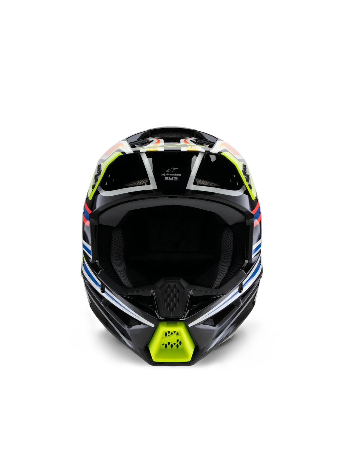 Alpinestars S-M3 Jugend-Wurx-Helm, Vorderansicht, Schwarz mit fluoreszierend gelben, blauen und roten Akzenten, Jugend-Motocross-Schutzausrüstung, schwarze Basis mit lebendigen geometrischen Grafiken, integrierten Belüftungsöffnungen und gelbem Kinnschutz, Offroad-Rennstil
