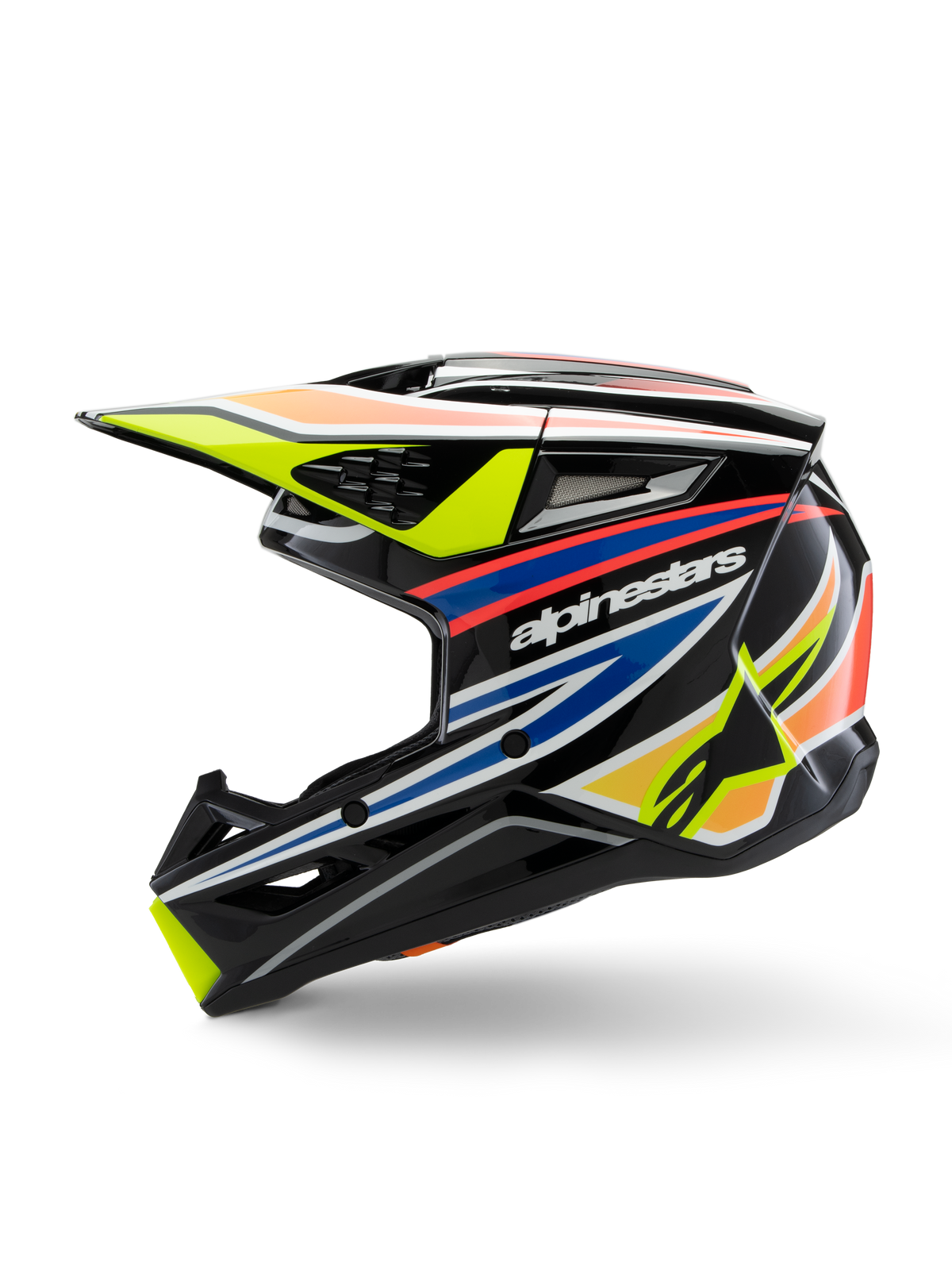 Alpinestars S-M3 Youth Wurx Helm, Motocross-Helm, Schwarz mit leuchtenden Grafiken in Gelb, Blau und Rot, Profilansicht mit markantem Alpinestars-Branding, aerodynamische Schale mit mehreren Belüftungsöffnungen und einem gelben Helmschild.