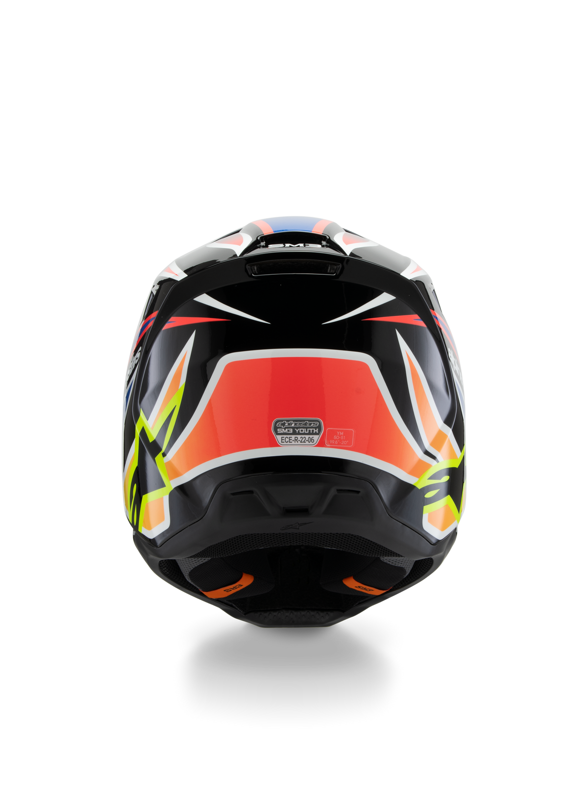 Alpinestars S-M3 Youth Wurx Helm ECE 22.06, Motocross-Helm, Rückansicht, Schwarz mit roten, fluoreszierend gelben und blauen Grafiken, markante eckige Muster, Stern-Logos und ECE 22.06 Zertifizierungsaufkleber, entwickelt für Jugend-Offroad-Rennsport