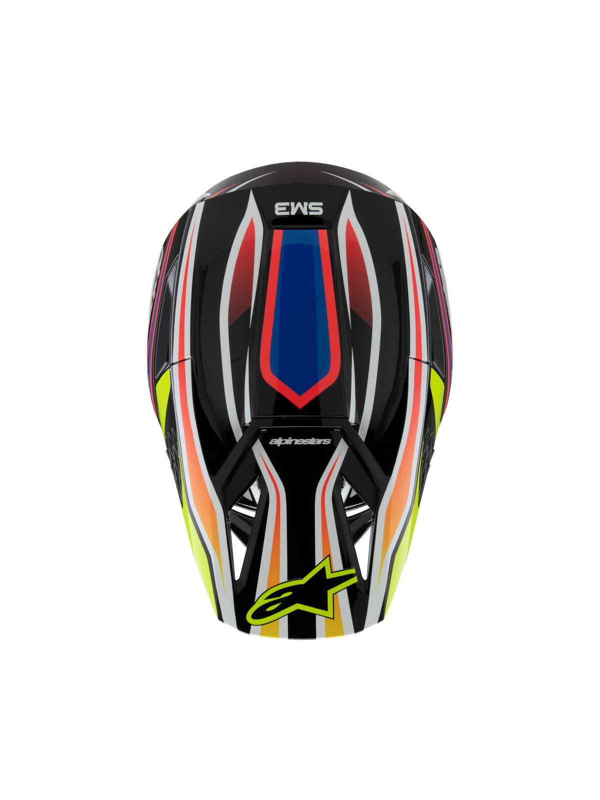Alpinestars S-M3 Youth Wurx Helm ECE 22.06, Motocross-Helm, Schwarz mit leuchtend roten, blauen und gelben Grafiken, Draufsicht mit SM3-Logo und gelbem Alpinestars-Logo auf dem Visier, Offroad-Schutzausrüstung