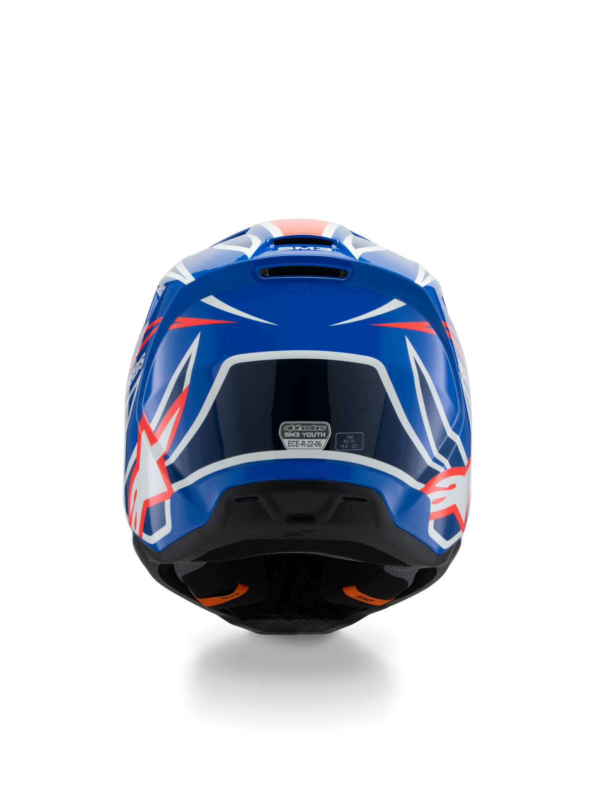 Alpinestars S-M3 Youth Wurx Helmet ECE 22.06, Motocross Helmet, Blue Red and White, Rear view showing aerodynamic design with exhaust vents, glossy finish with sharp graphic accents and safety certification sticker.