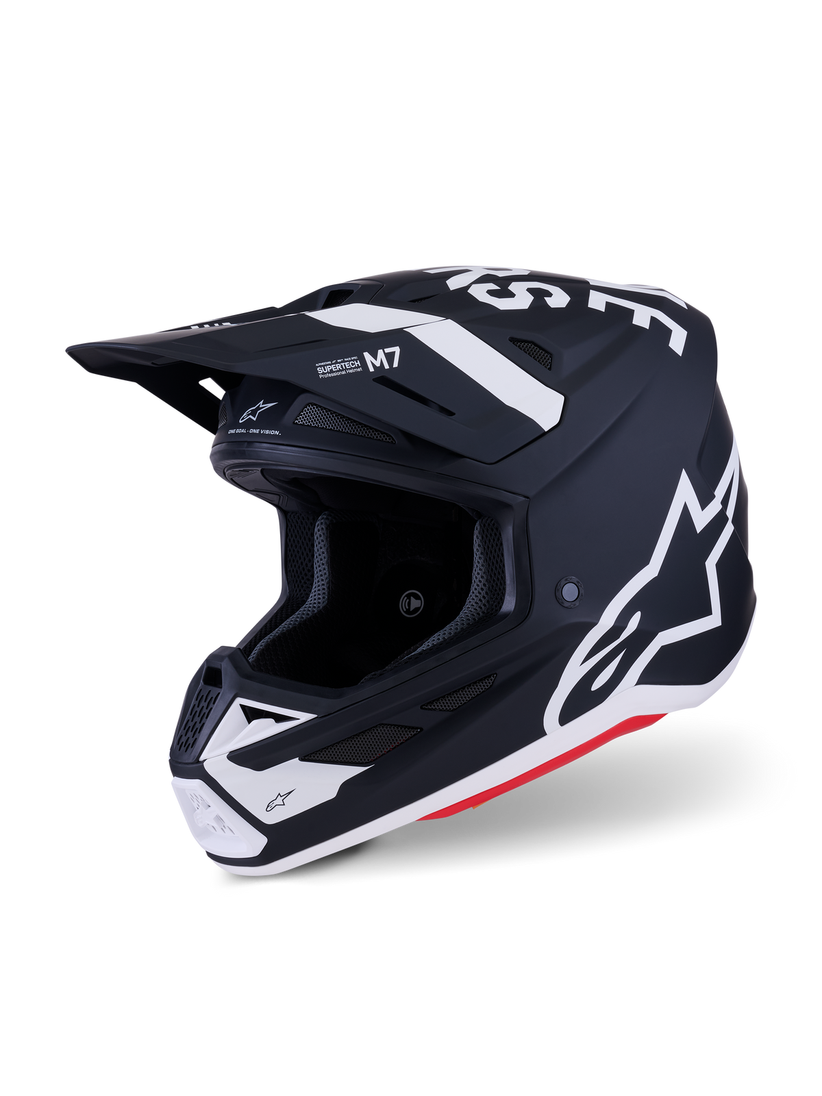 Alpinestars S-M7 Dasher Helm, Motocross-Helm, Schwarz-Weiß Matt mit roten Akzenten, markante weiße Alpinestars-Logos und Grafiken, aerodynamische Verbundschale mit integrierten Belüftungsöffnungen und Schutzvisier.