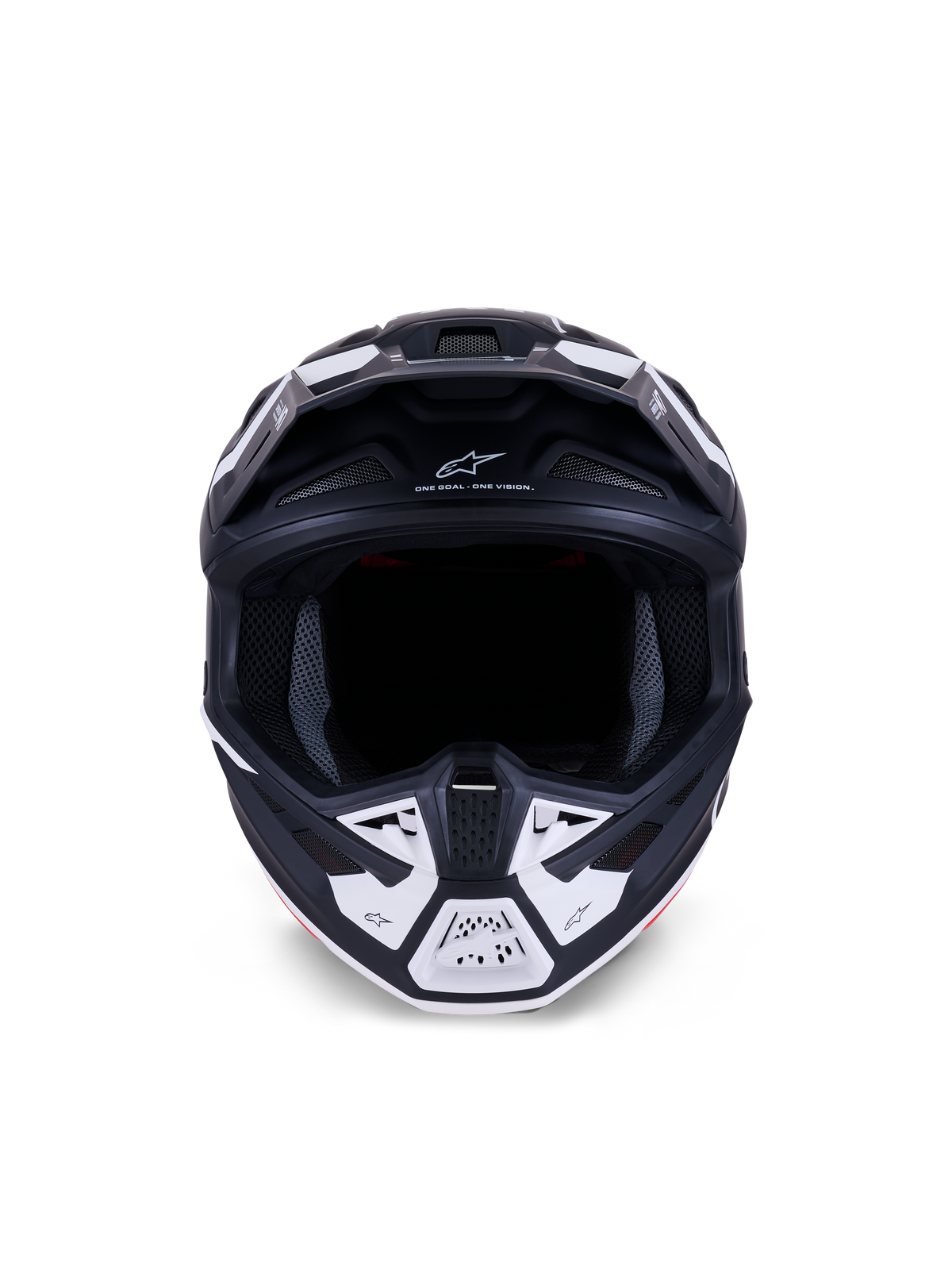 Alpinestars S-M7 Dasher Helm ECE 22.06, Motocross-Helm, Mattschwarz und Weiß, Frontansicht mit Belüftungsöffnungen und geometrischen Grafiken, mit „ONE GOAL - ONE VISION“-Schriftzug, professioneller Offroad-Rennschutz