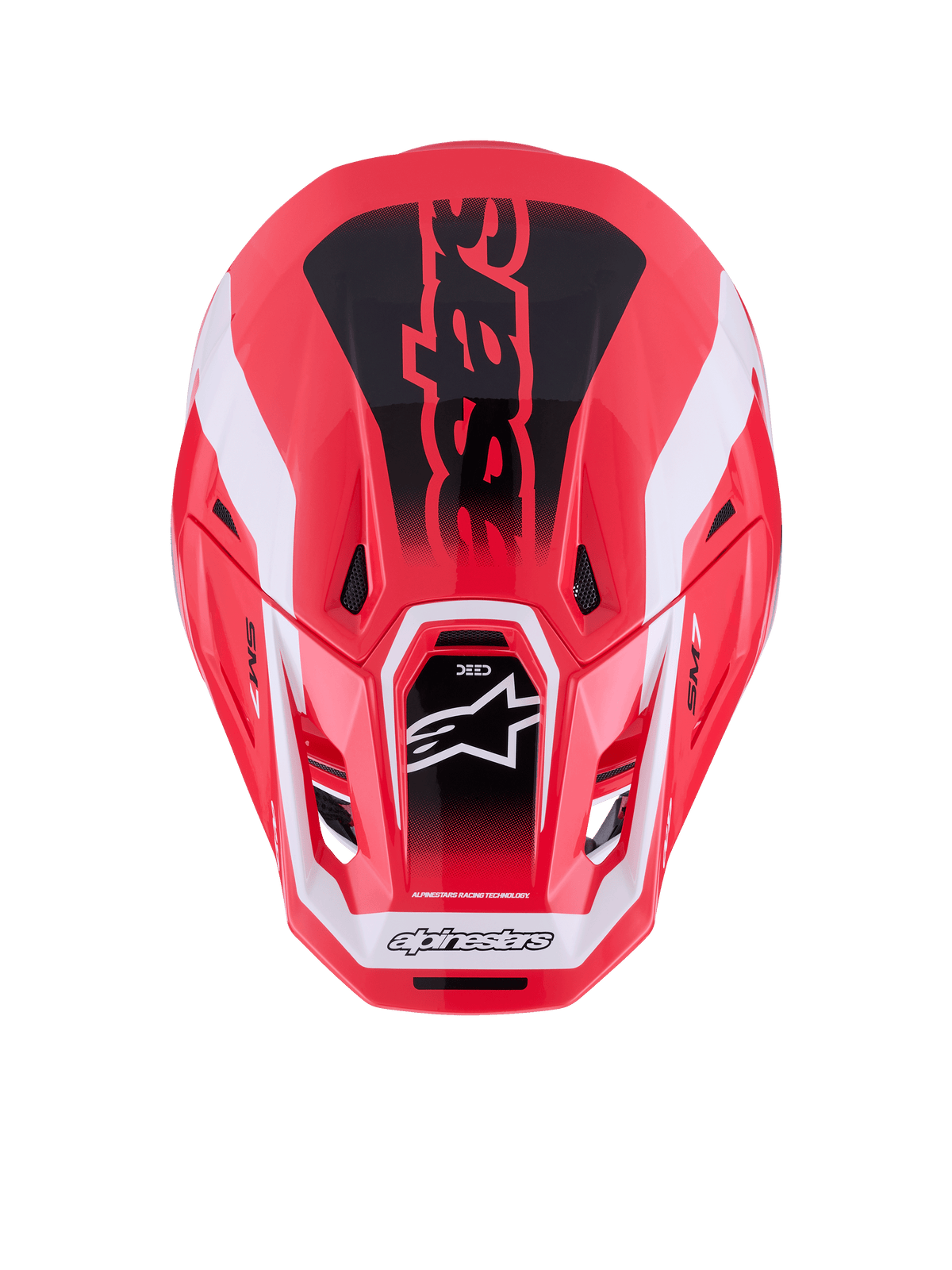 Alpinestars S-M7 Deed Helm, Motocross-Helm, Rot, Schwarz und Weiß glänzend, Draufsicht mit aerodynamischer Verbundschale und Belüftungsöffnungen, Astars-Logo und markantes Branding, professionelle Offroad-Rennausrüstung