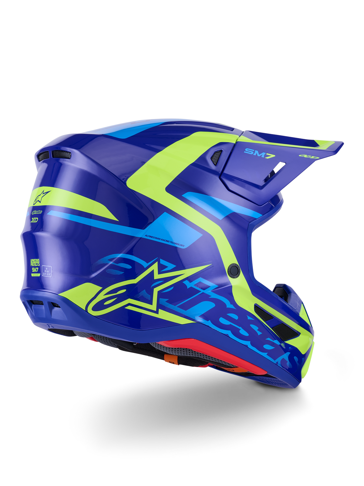 Alpinestars S-M7 Deed Helmet ECE 22.06, Motocross Helmet, Blue Yellow Fluo Glossy, side-rear view featuring a sleek aerodynamic shell profile, bold Alpinestars branding with bright neon yellow accents, high-performance ventilation ports, and a glossy finish for off-road racing.