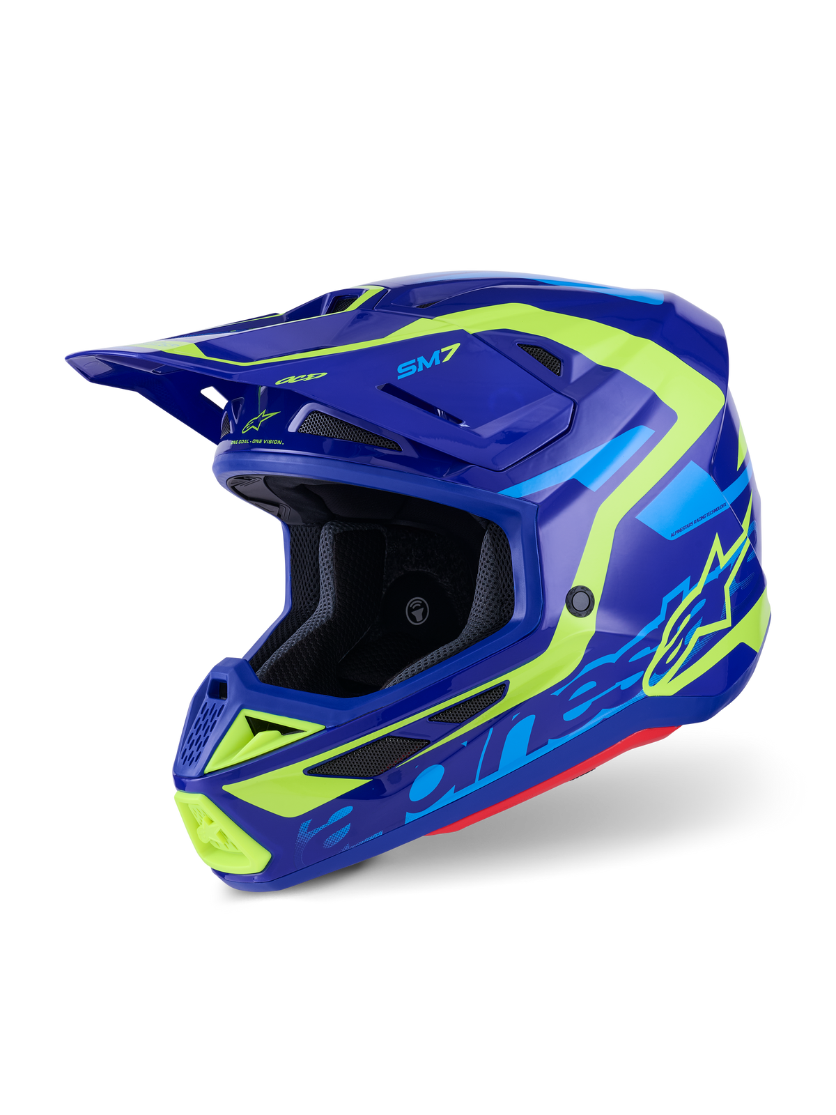 Alpinestars S-M7 Deed Helmet, Motocross Helmet, Blue and Fluorescent Yellow Glossy, aerodynamic design with multiple intake vents, featuring bold Alpinestars branding and SM7 logo, professional off-road racing protection