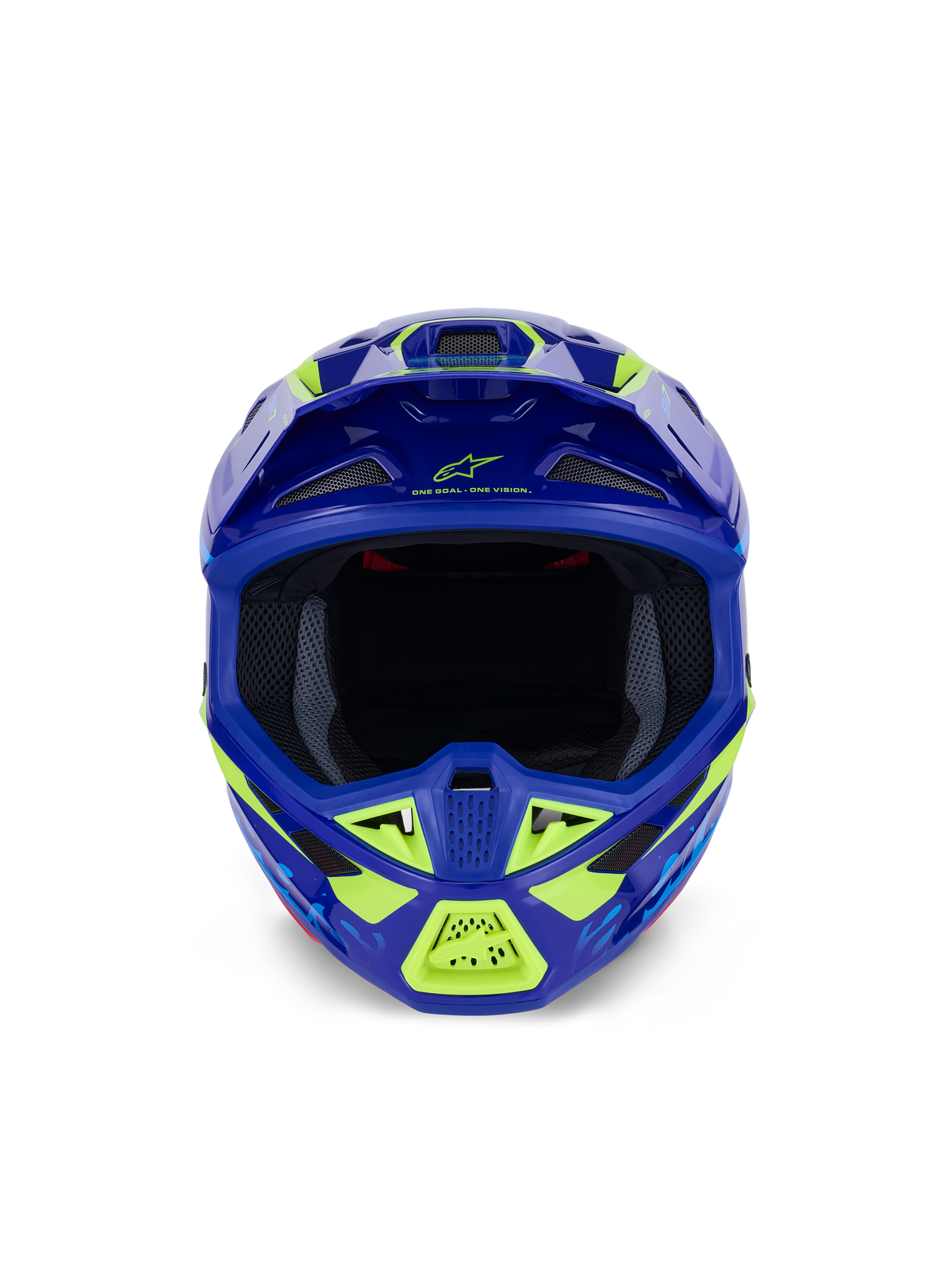 Alpinestars S-M7 Deed Helmet, Motocross Helmet, Blue Yellow Fluo Glossy, front-facing view highlighting the wide eye port and multiple mesh-covered air intakes, aerodynamic shell with neon yellow highlights and Alpinestars branding, professional off-road racing head protection