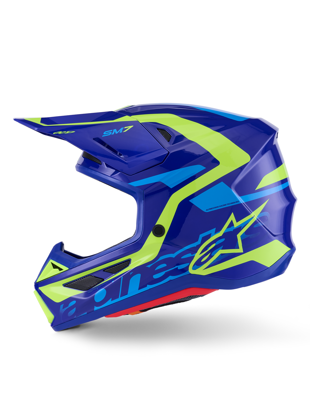 Alpinestars S-M7 Deed Helmet, Motocross Helmet, Blue Yellow Fluo Glossy, side view, sleek aerodynamic composite shell with vibrant yellow and light blue graphics, featuring mesh-covered ventilation ports and visor for off-road performance