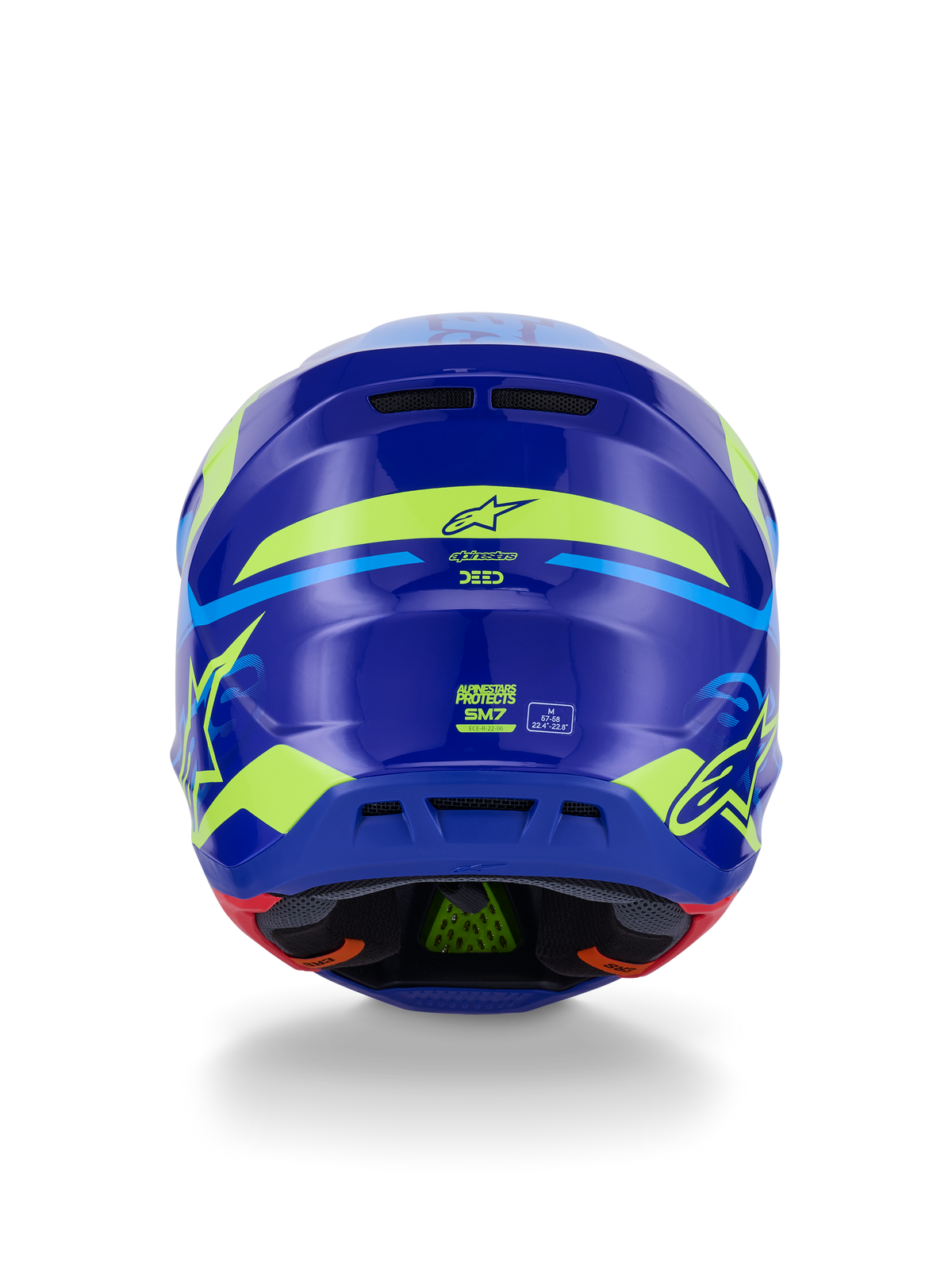 Alpinestars S-M7 Deed Helmet ECE 22.06, Motocross Helmet, Rear View, Blue Yellow Fluo Glossy, featuring bold fluorescent yellow graphics and star logos, rear exhaust ports, and visible internal padding with green PLASMA technology.