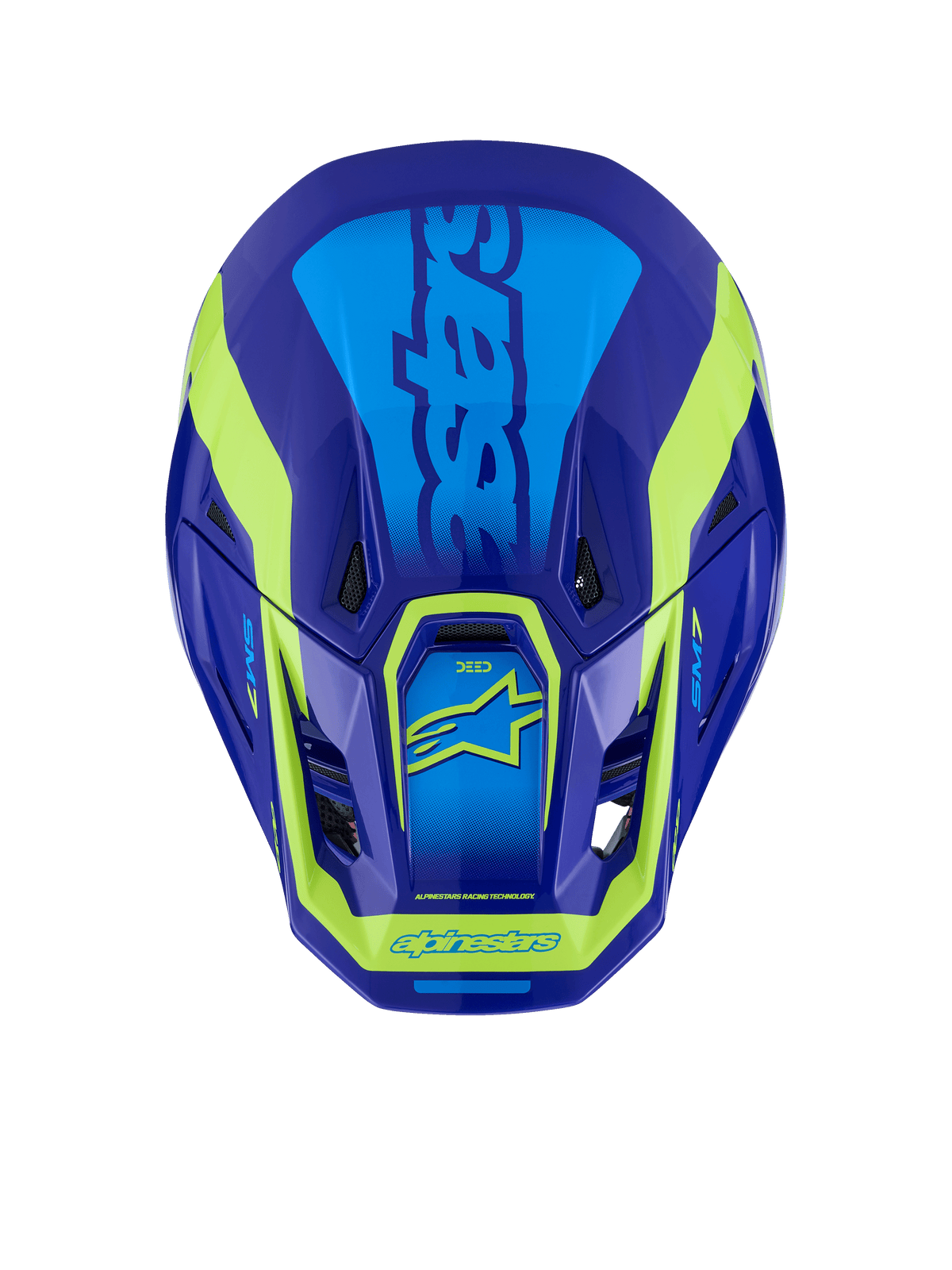 Alpinestars S-M7 Deed Helmet, Motocross Helmet, Blue and Yellow Fluo Glossy, top-down view showing the aerodynamic shell, ventilation ports, and distinctive fluo yellow branding against a deep blue finish.