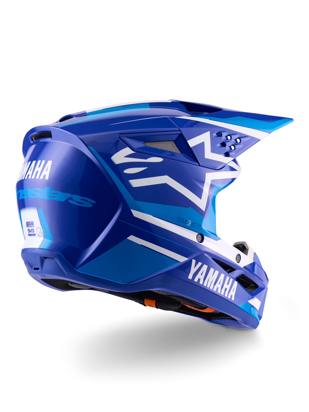 Alpinestars Yamaha S-M3 Helm ECE 22.06, Motocross-Helm, Blau Weiß Glänzend, mit Yamaha- und Alpinestars-Branding, weißes Stern-Logo an der Seite, mehrere Belüftungs- und Entlüftungsöffnungen, aerodynamisches Design für Offroad-Performance