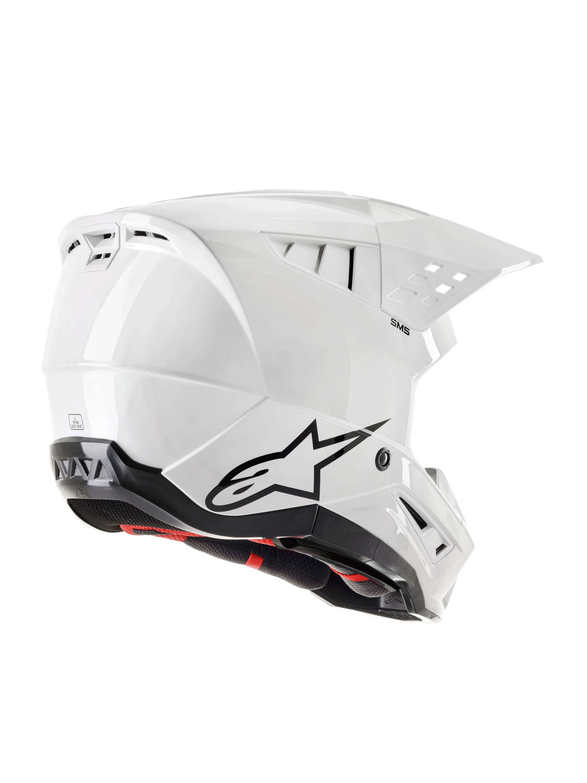 Alpinestars S-M5 Solid Helm ECE 22.06, Motocross-Helm, Weiß Glänzend, Dreiviertel-Rückansicht mit schwarzem Astars-Logo, integrierten Belüftungsöffnungen und aerodynamischem Schalendesign