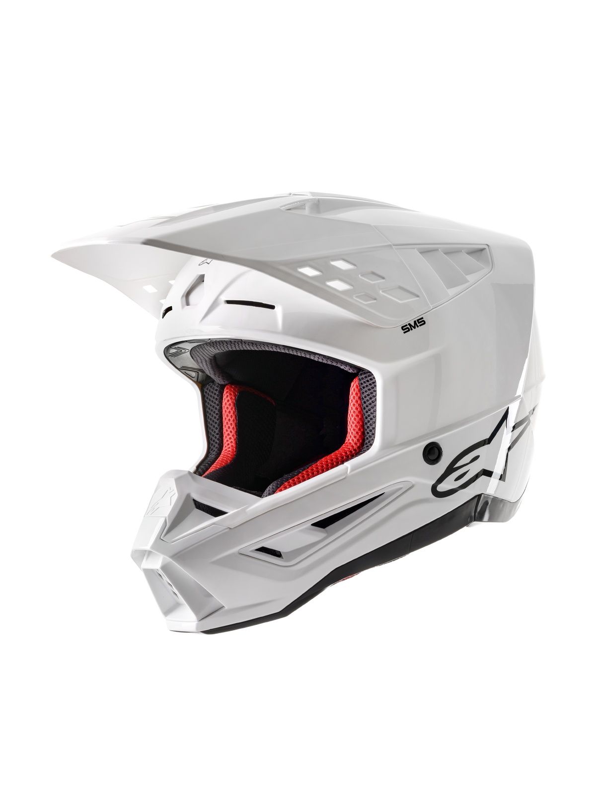Alpinestars S-M5 Solid Helm ECE 22.06, Motocross-Helm, Weiß Glänzend, mit roter Innenpolsterung, schwarzem Alpinestars-Logo, aerodynamischem Visier und mehreren Belüftungsöffnungen für Schutz beim Offroad-Rennsport