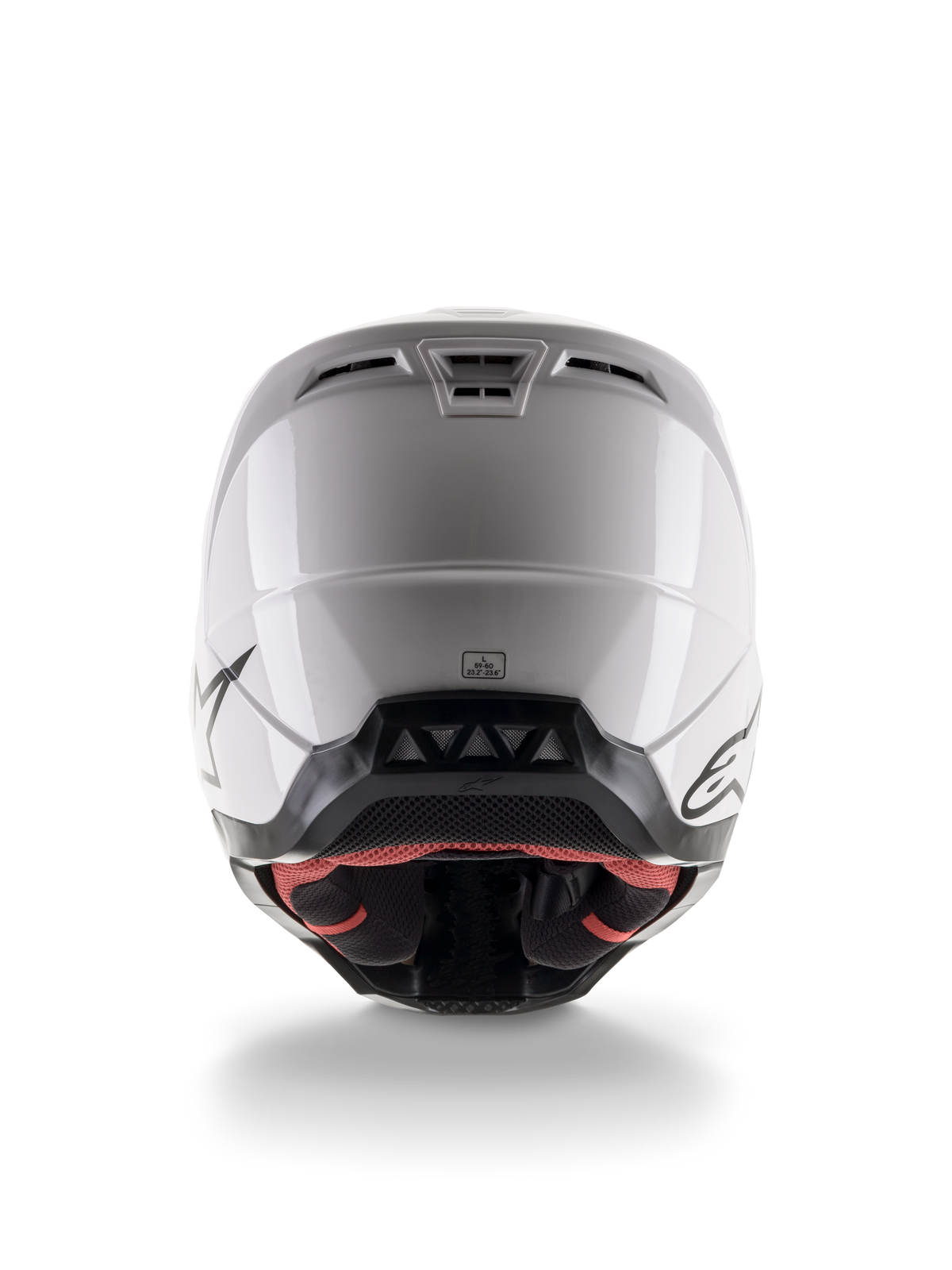 Alpinestars S-M5 Solid Helm ECE 22.06, Motocross-Helm, Weiß glänzend, Rückansicht mit aerodynamischen Auslassöffnungen und schwarzem unteren Rand mit Logos, elegante Schutzausrüstung für Offroad-Rennsport