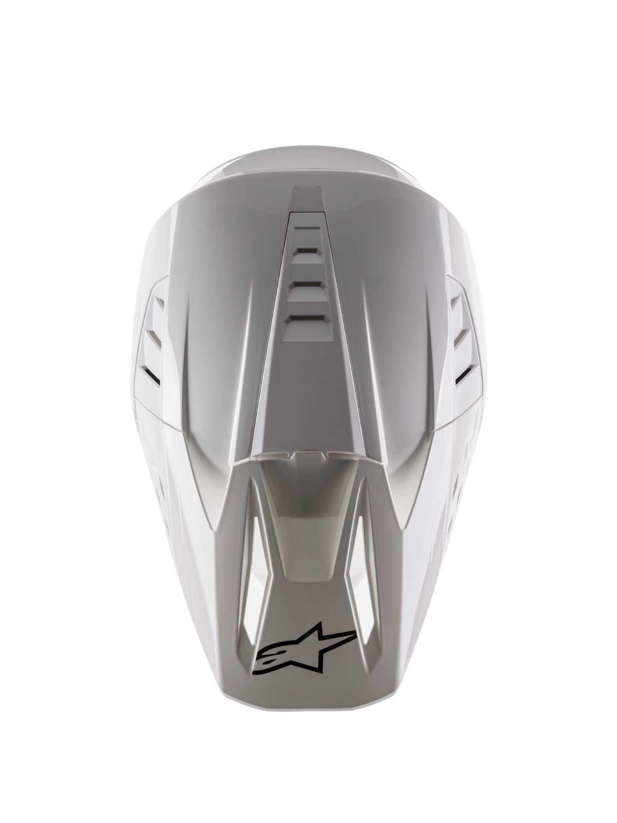 Alpinestars S-M5 Solid Helm ECE 22.06, Motocross-Helm, Weiß Glänzend, Draufsicht mit den oberen Belüftungsöffnungen und schwarzem Logo auf der Visierspitze