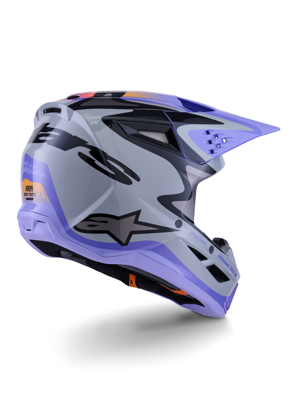 Alpinestars S-M3 Jettson Jugend-Helm, Motocross-Helm, Grau, Lila und Schwarz glänzend, Dreiviertel-Rückansicht, mit lila Visier, schwarzem Alpinestars-Logo und mehreren Belüftungsöffnungen, elegantes Design für Jugend-Offroad-Rennsport