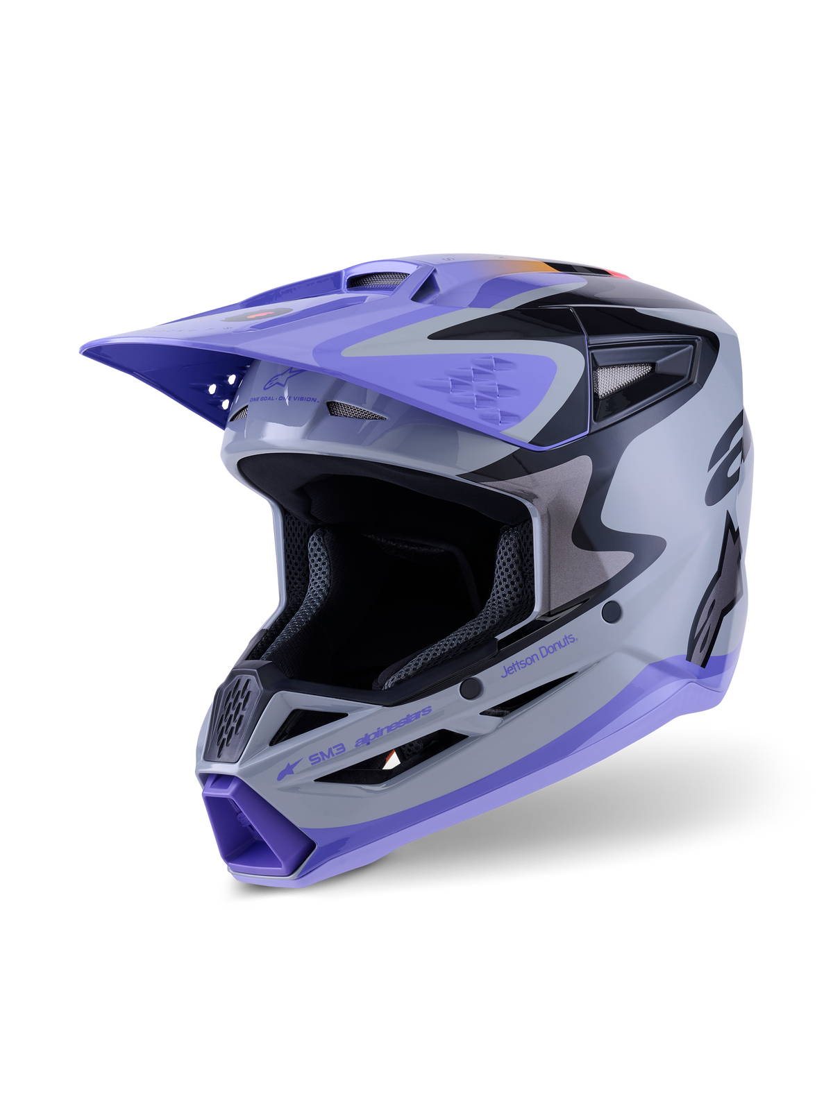 Alpinestars S-M3 Jettson Jugend-Helm ECE 22.06, Motocross-Helm, Grau, Lila und Schwarz glänzend, mit lilafarbenem Visier und Kinnschutz, aerodynamische Schale mit Mesh-Belüftungsöffnungen, auffällige Grafiken für den Jugend-Offroad-Rennsport