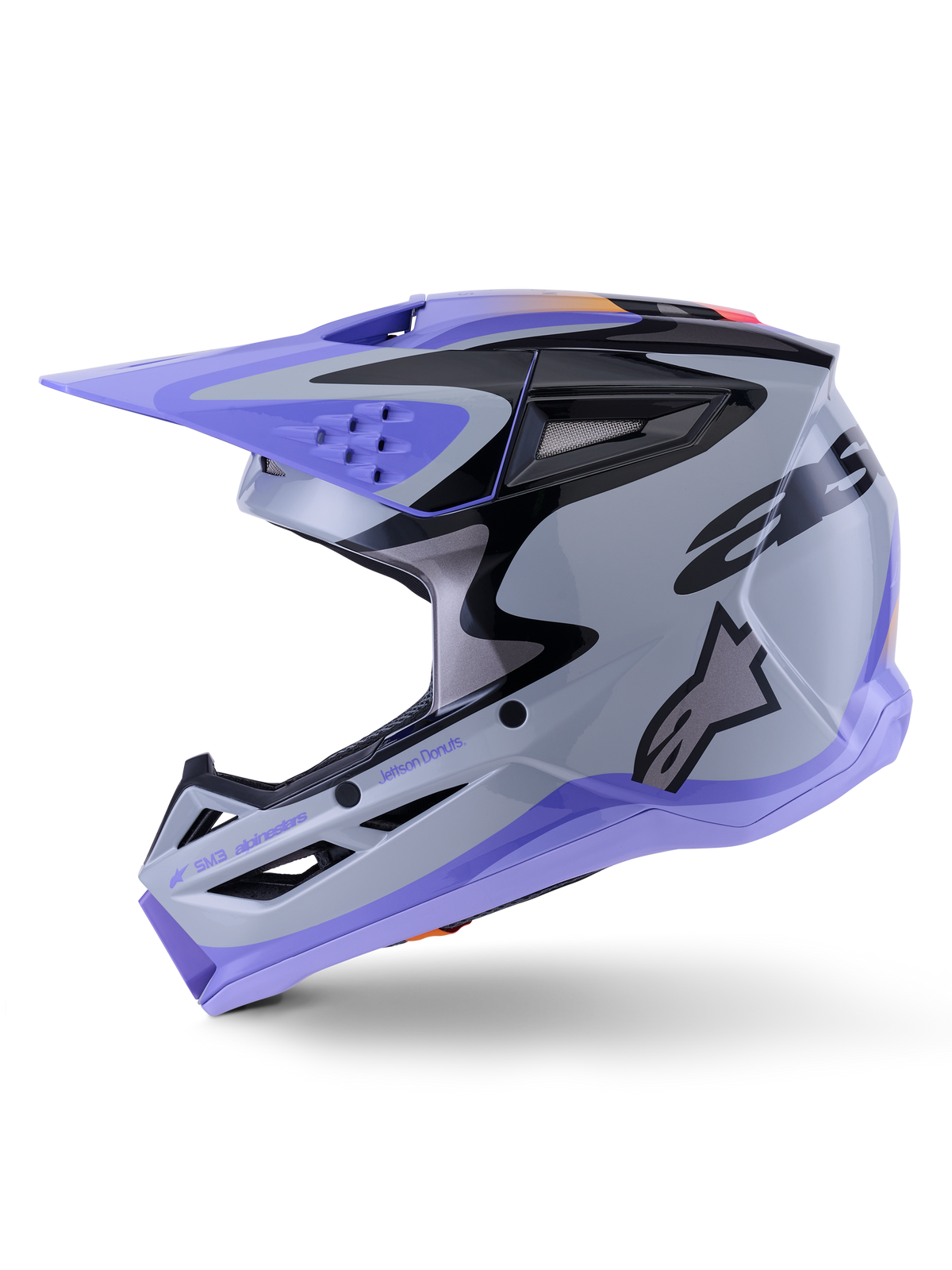 Alpinestars S-M3 Jettson Jugend-Helm, Motocross-Helm, Grau, Lila und Schwarz glänzend, mit lila Visier und unterem Rand, schwarze Grafikmuster mit seitlichem Logo, professioneller Kopfschutz für den Offroad-Rennsport von Jugendlichen