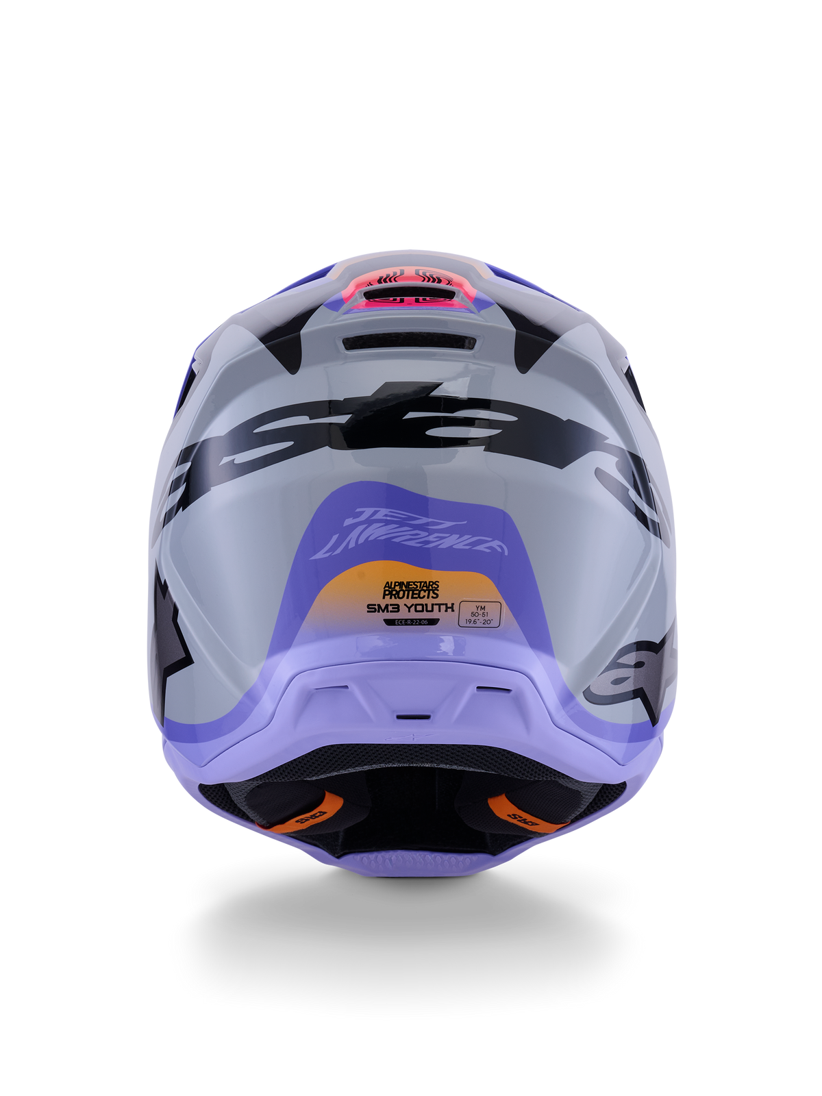 Alpinestars S-M3 Jettson Jugend-Helm ECE 22.06, Motocross-Helm, Rückansicht in Grau, Lila und Schwarz glänzend, mit Jett Lawrence Signatur-Grafik, markantem schwarzen Branding und Belüftungsöffnungen, glänzendes Finish für den Offroad-Rennsport