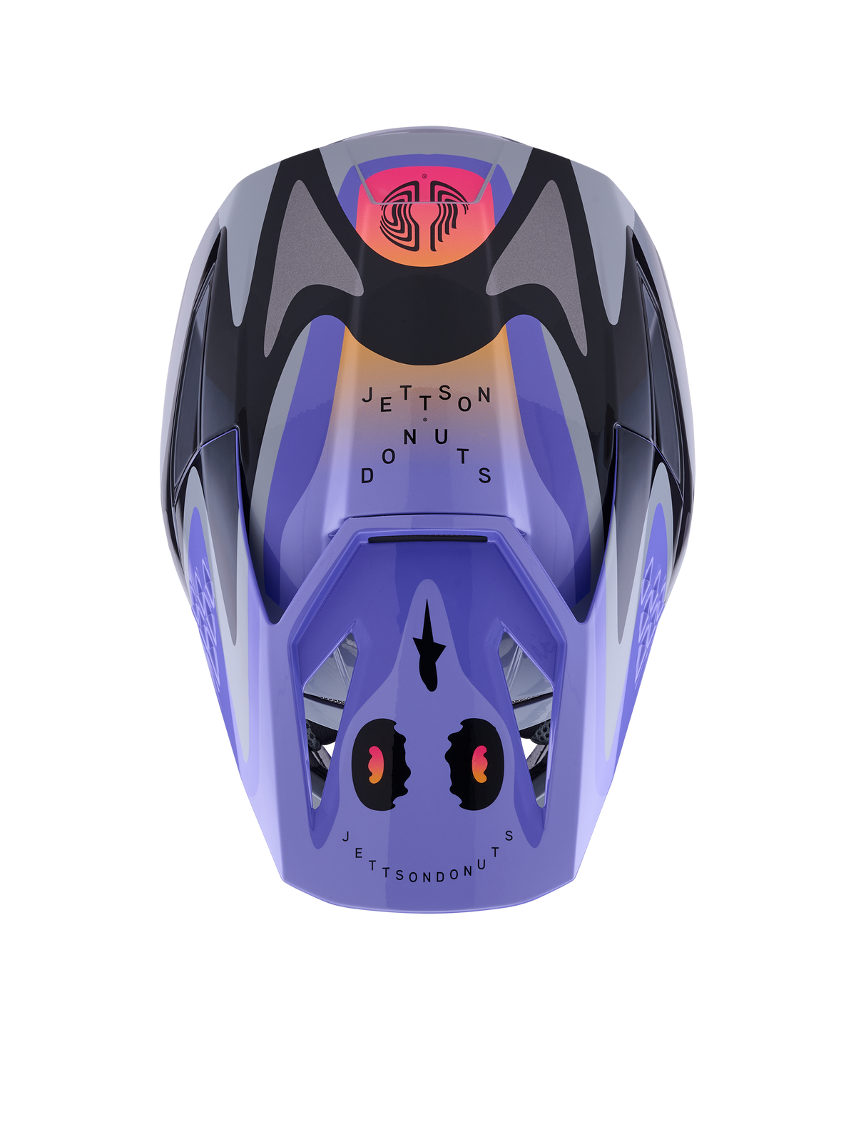 Alpinestars S-M3 Jettson Helmet, Motocross Helmet, Gray Purple Black Glossy with orange and pink gradients, top-down view featuring 'Jettson Donuts' graphics and Alpinestars logo on the visor, glossy finish.
