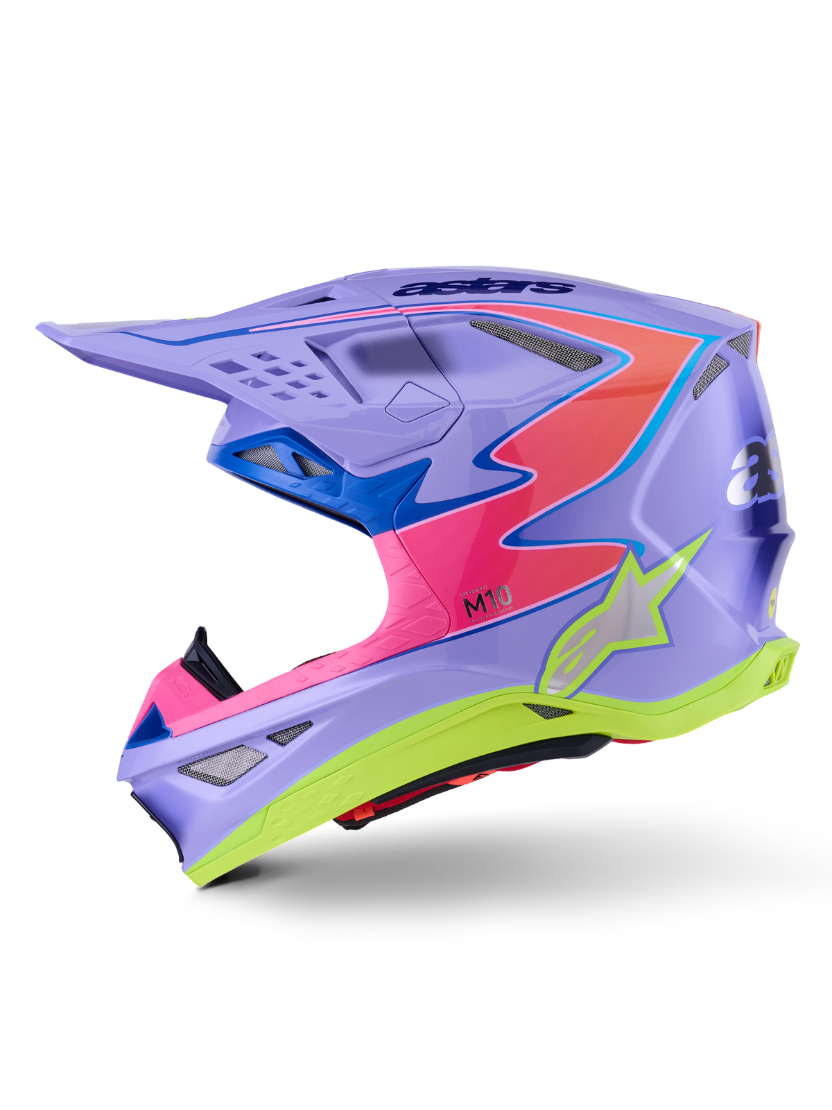 Alpinestars Supertech M10 Jett Lawrence R01 Helm, Motocross-Helm, Lila mit pinken und fluo-gelben Akzenten, Seitenprofilansicht mit aerodynamischer Carbonschale, silbernem Stern-Logo, mehreren Belüftungsöffnungen und markantem Grafikdesign für professionelle Motocross-Rennen.