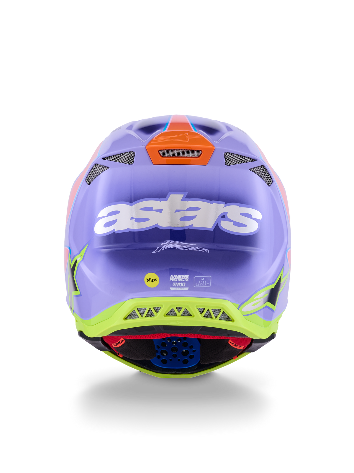 Alpinestars Supertech M10 Jett Lawrence R01 Helm, Motocross-Helm, Violett, Pink und fluoreszierendes Gelb, Rückansicht mit markantem weißem astars-Logo, Jett Lawrence Signatur und mehreren Belüftungsöffnungen, schlankes aerodynamisches Design für den Offroad-Rennsport