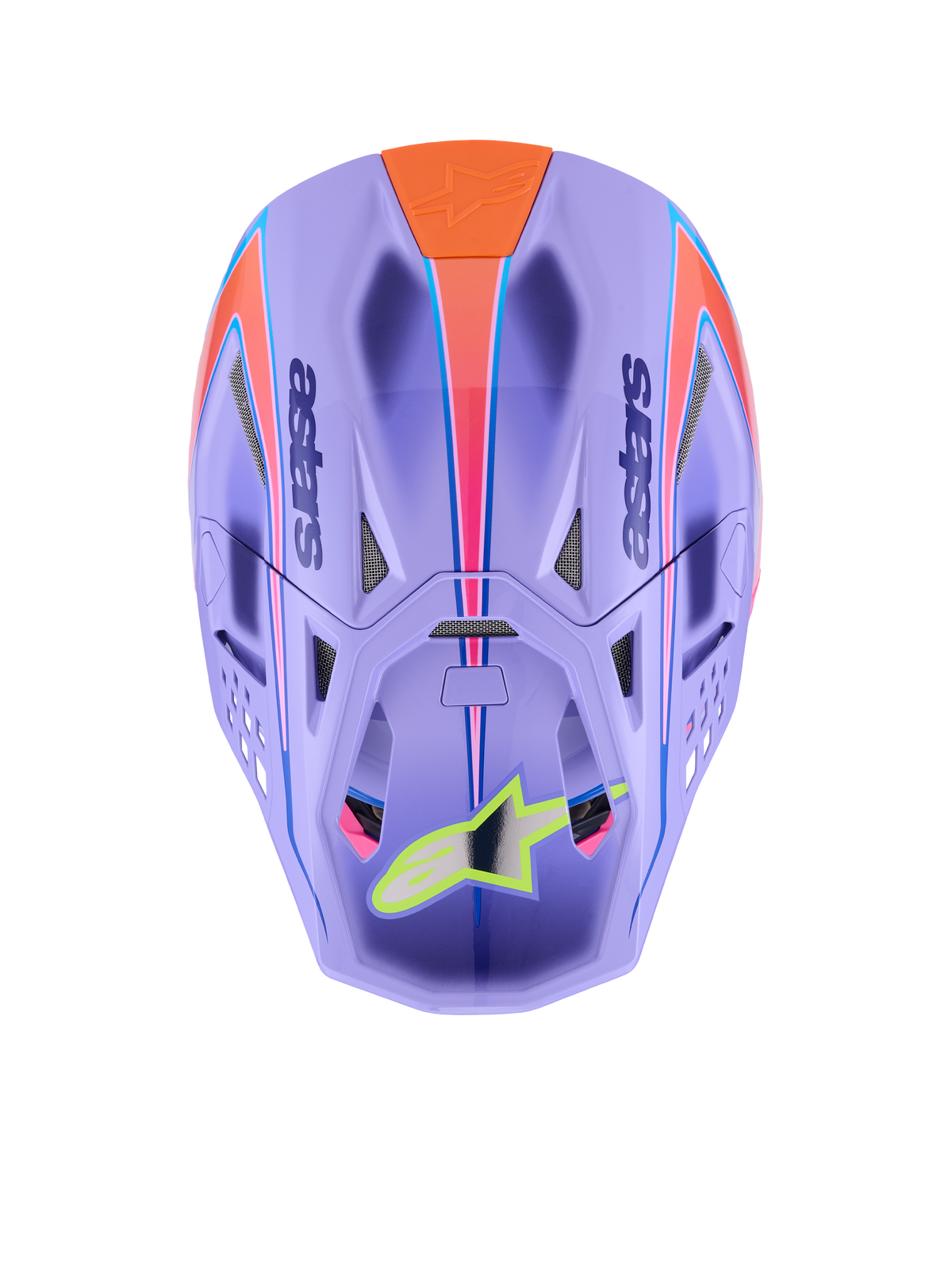 Alpinestars Supertech M10 Jett Lawrence R01 Helm, Motocross-Helm, Lila mit pinkfarbenen und orangefarbenen Grafiken, Ansicht von oben mit Belüftungsöffnungen und aerodynamischer Schale, neongelbes Stern-Logo auf dem Visier, fortschrittliche Kohlefaserkonstruktion für den Offroad-Rennsport