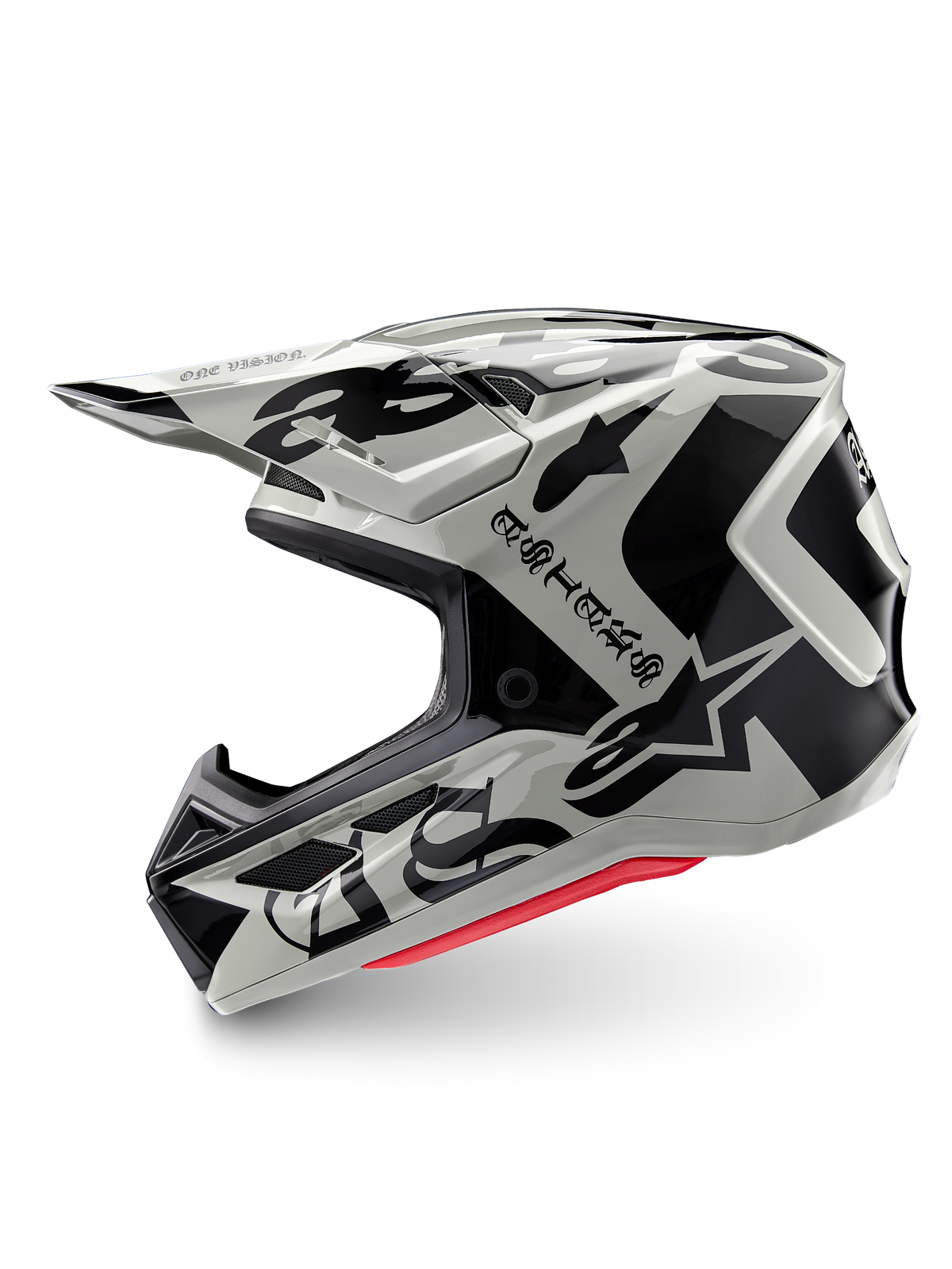 Alpinestars Limited Edition S-M7 Wolf Dust Helmet, Motocross Helmet, Dune Black Glossy, off-white shell with black gothic ASTARS branding and graphic patterns, red interior padding visible, aerodynamic profile for off-road racing