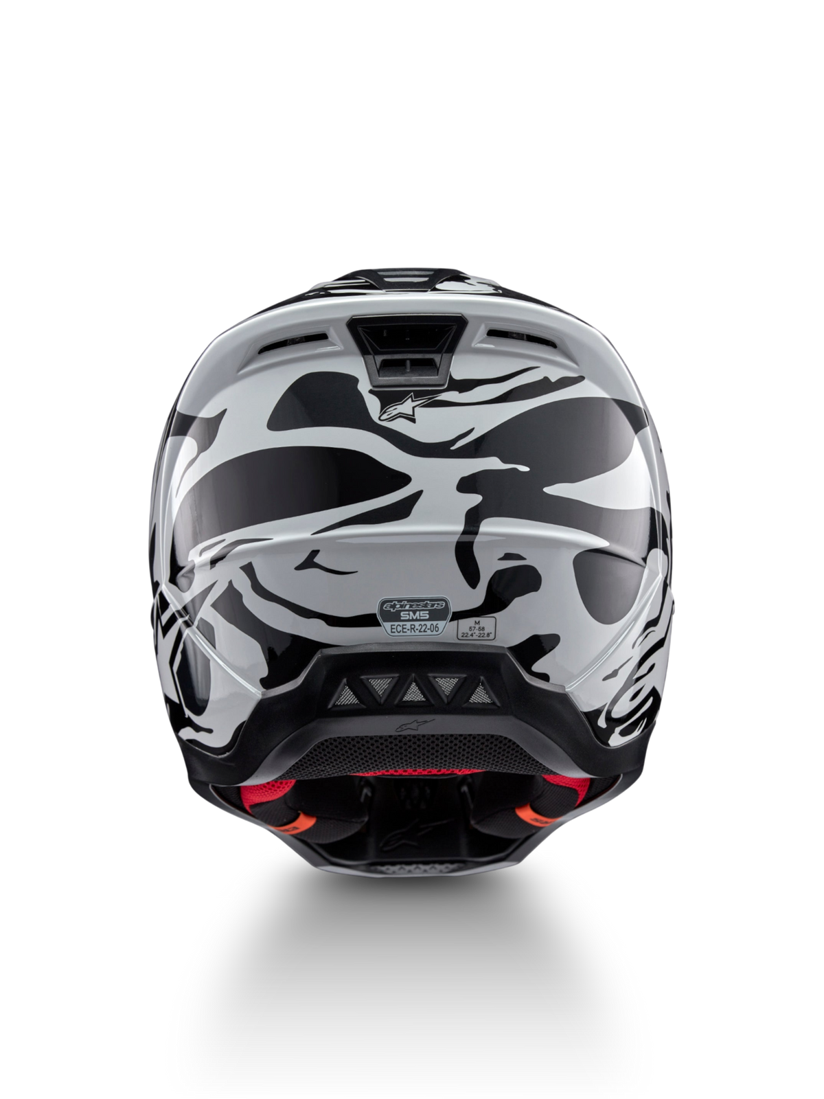 Alpinestars S-M5 Mineral Motocrosshelm, Cool Gray und Dunkelgrau, ECE 22.06-zertifiziert, Rückansicht mit Belüftung.