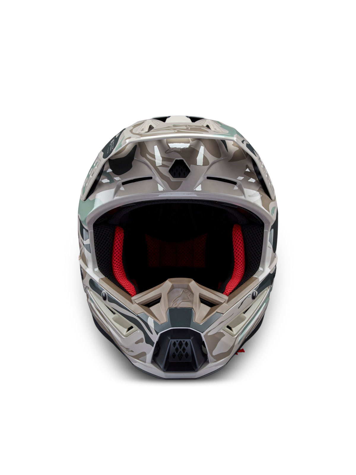 Alpinestars S-M5 Mineral Motocross-Helm, Warmes Grau und Celadon-Grün, glänzendes Camouflage-Design, ECE 22.06 zertifiziert.